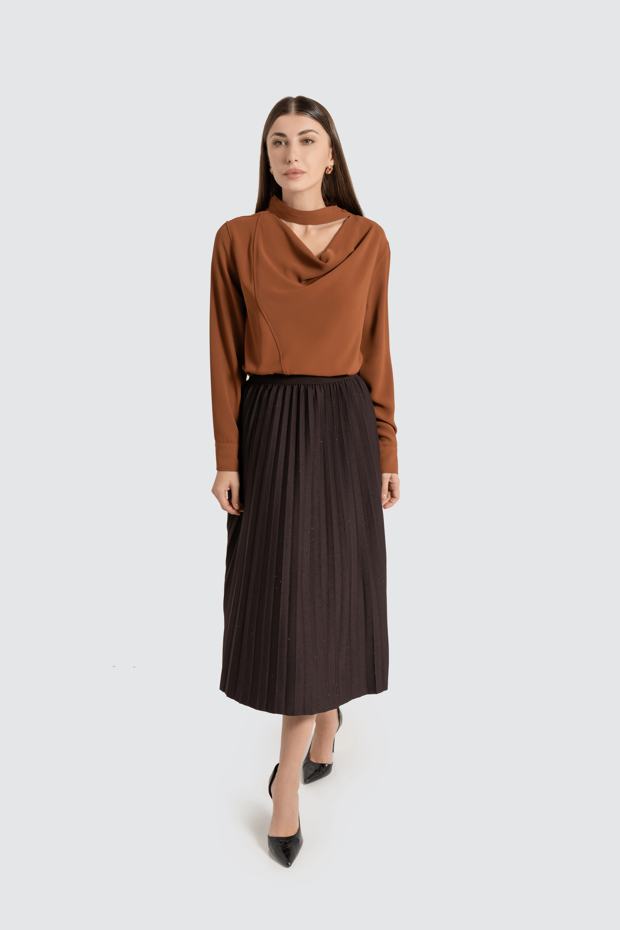 Fashion تنورة ميدي بليسية بترتر بخصر مطاطي