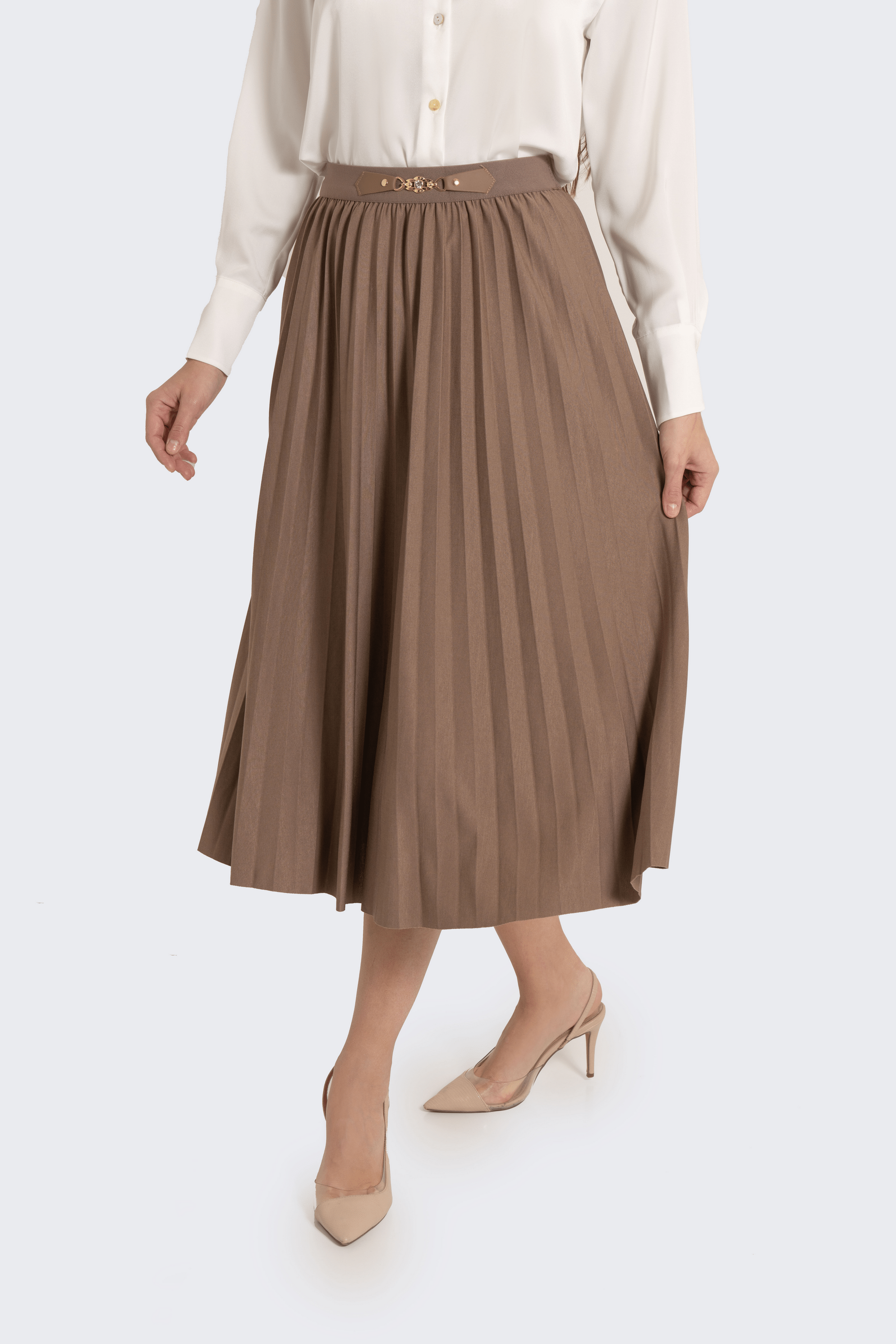 Fashion تنورة ميدي بليسية مزينة بحزام جلد صغير