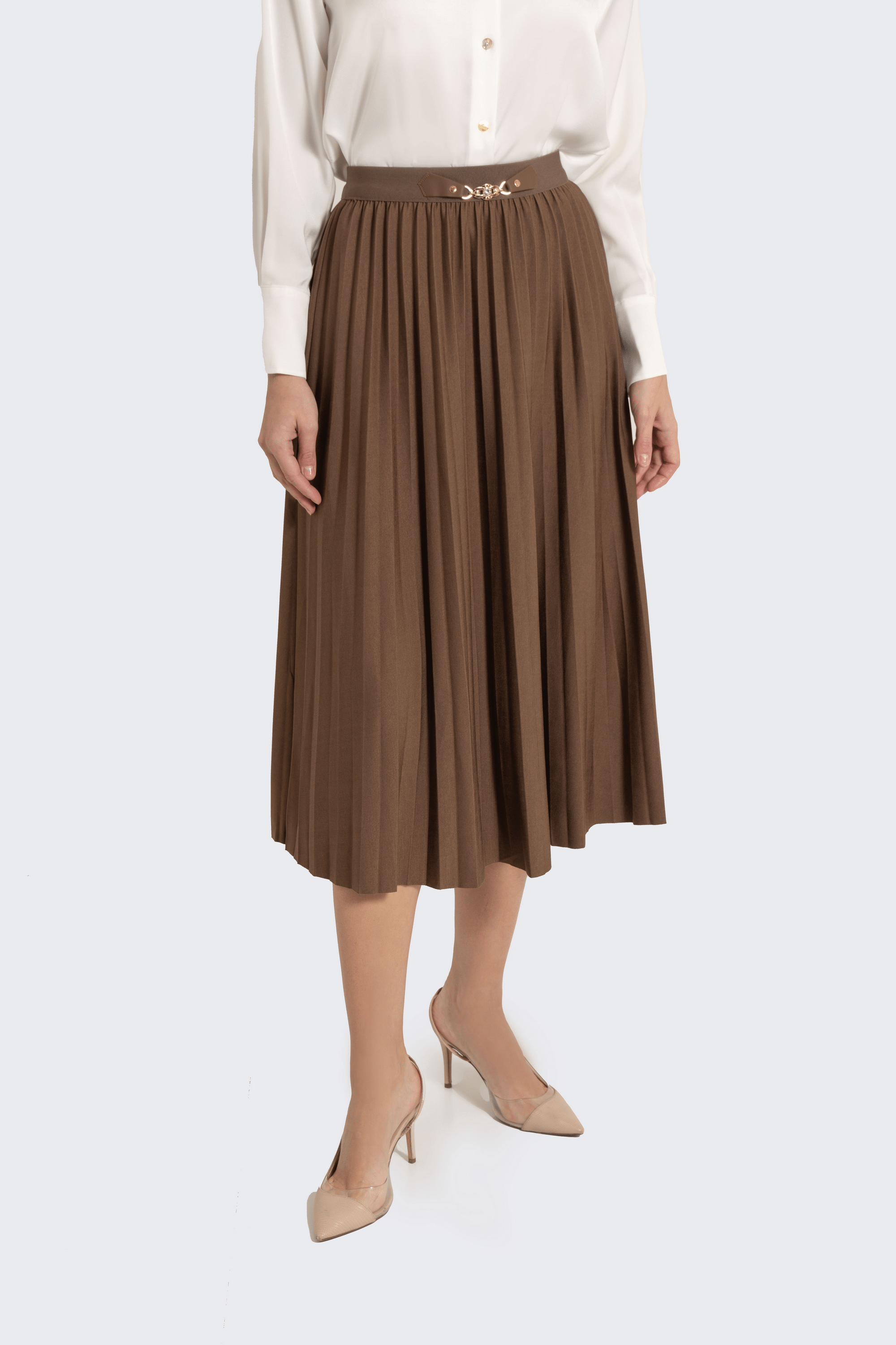 Fashion تنورة ميدي بليسية مزينة بحزام جلد صغير