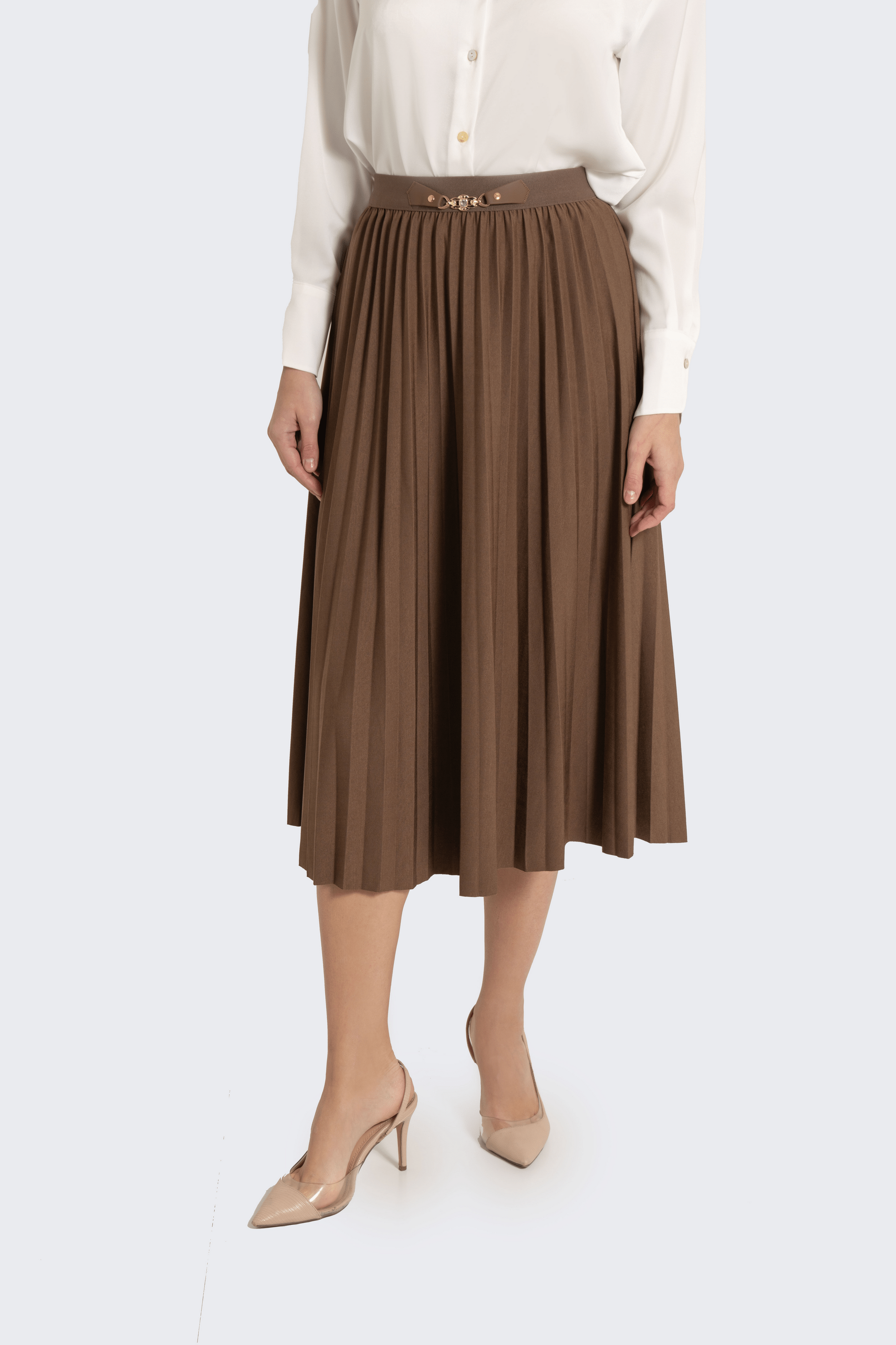 Fashion تنورة ميدي بليسية مزينة بحزام جلد صغير