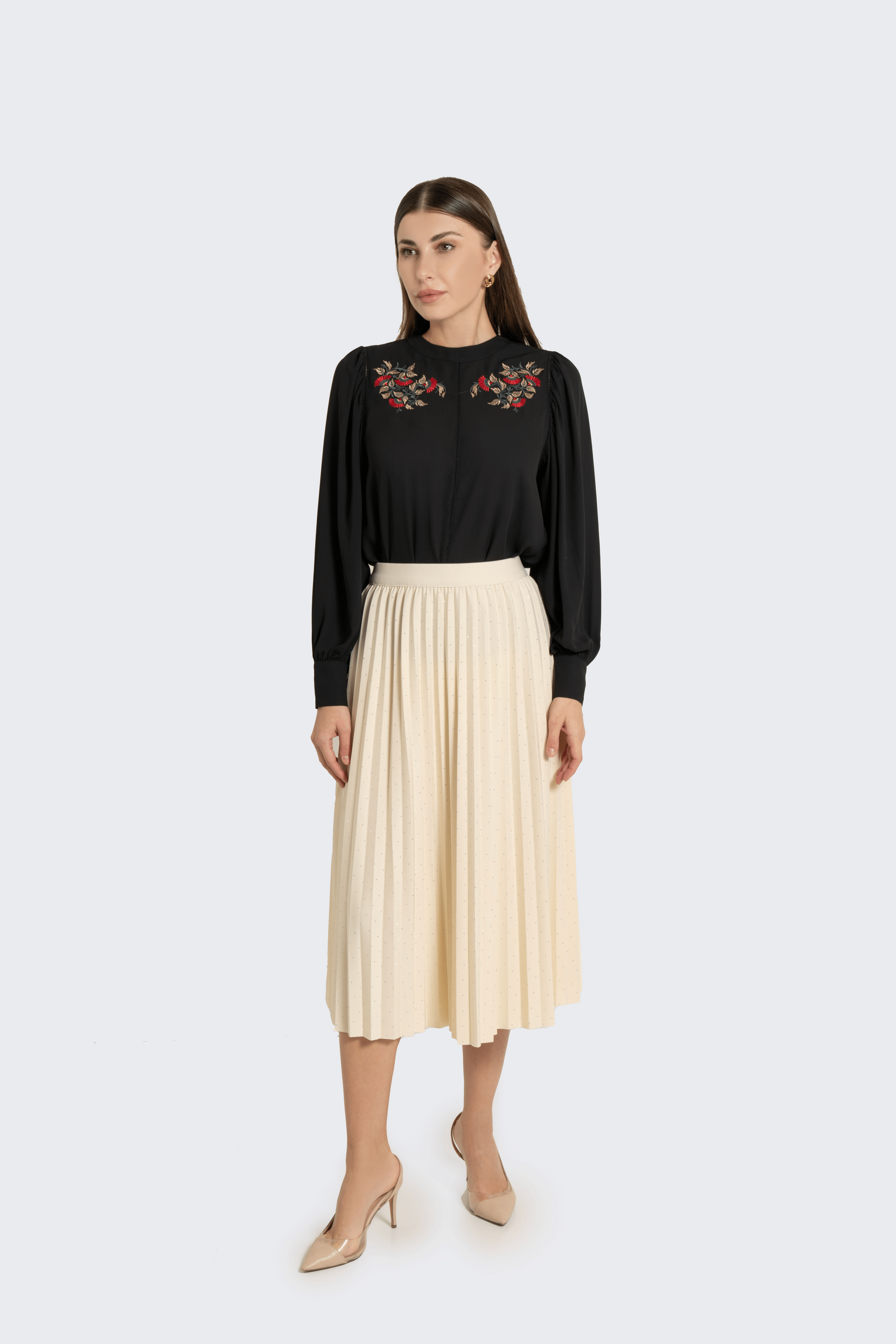 Fashion تنورة ميدي بليسية بترتر بخصر مطاطي