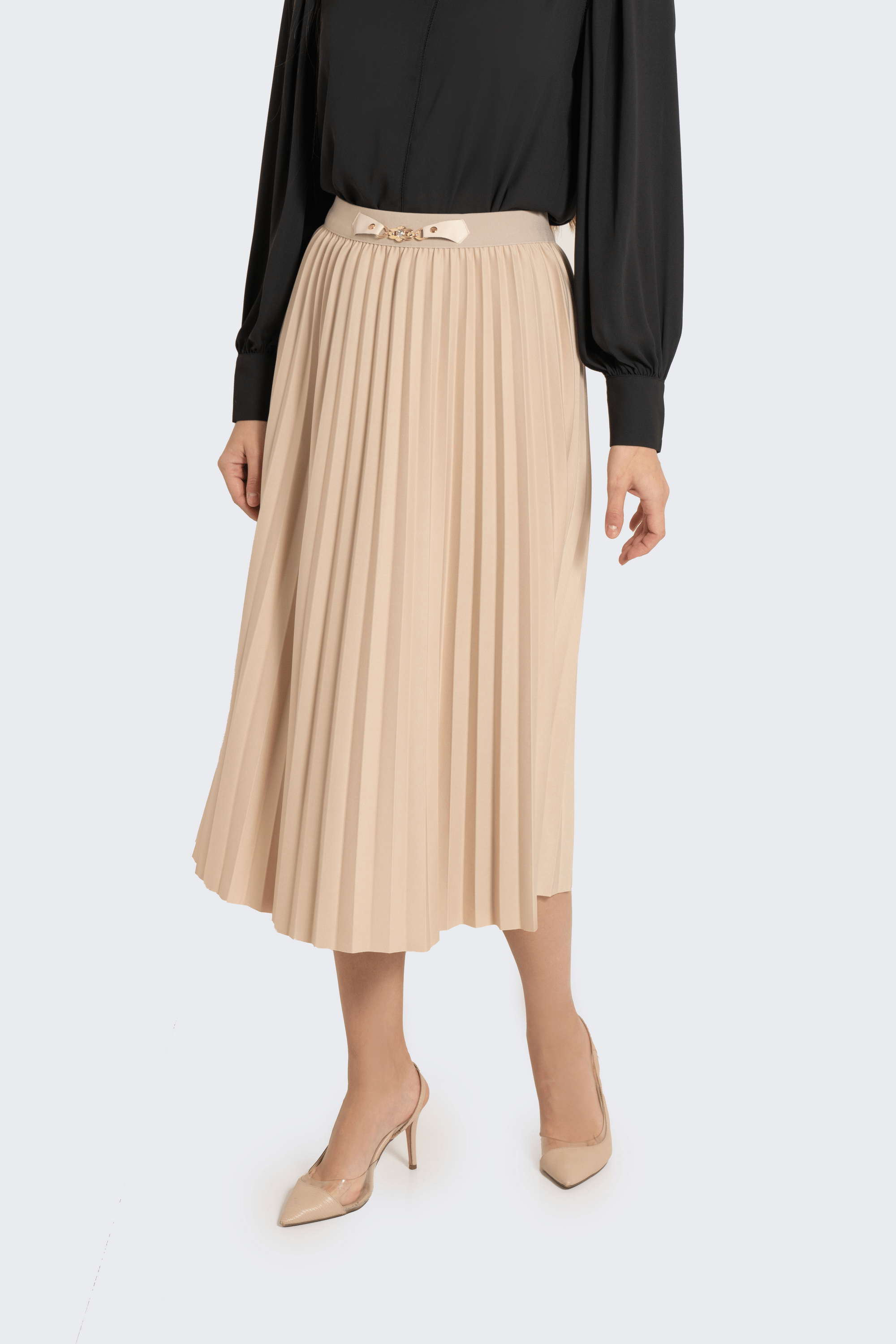 Fashion تنورة ميدي بليسية مزينة بحزام جلد صغير