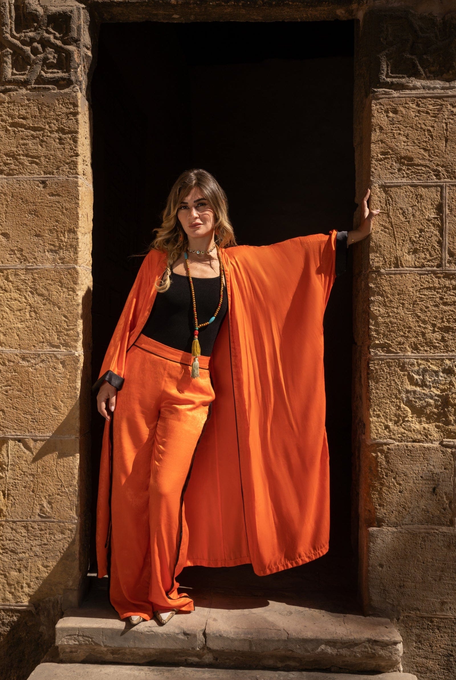 كارينا كيمونو برتقالي صيفي طويل كم طويل برتقالي