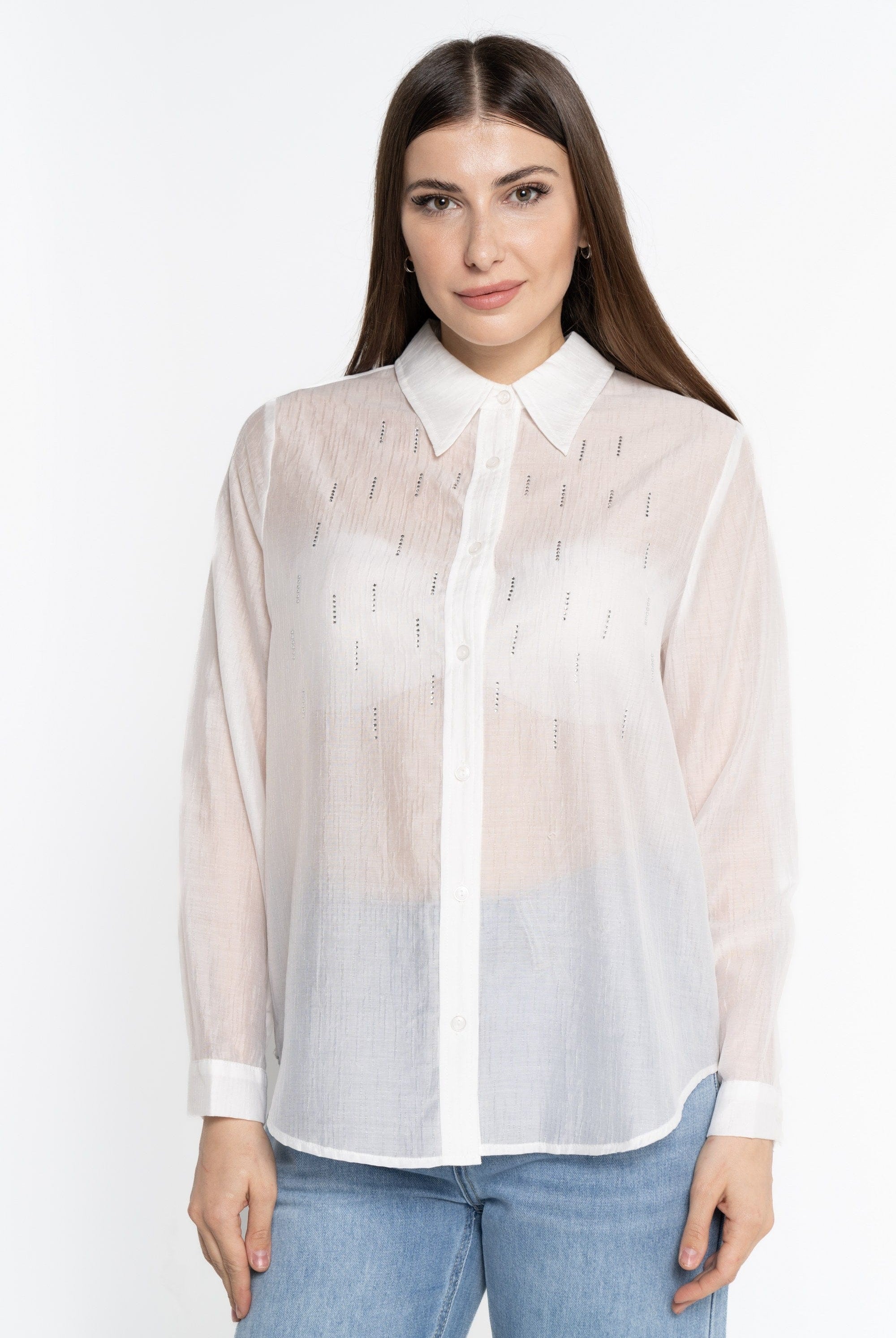 نتشي قميص بأكمام طويلة مزين بستراس بأزرار أمامية نسائي