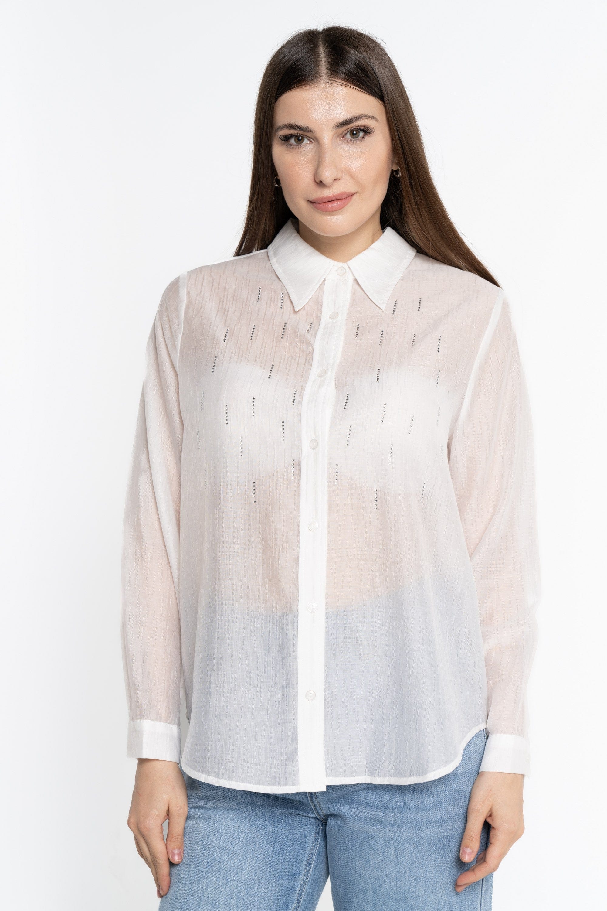 نتشي قميص بأكمام طويلة مزين بستراس بأزرار أمامية نسائي