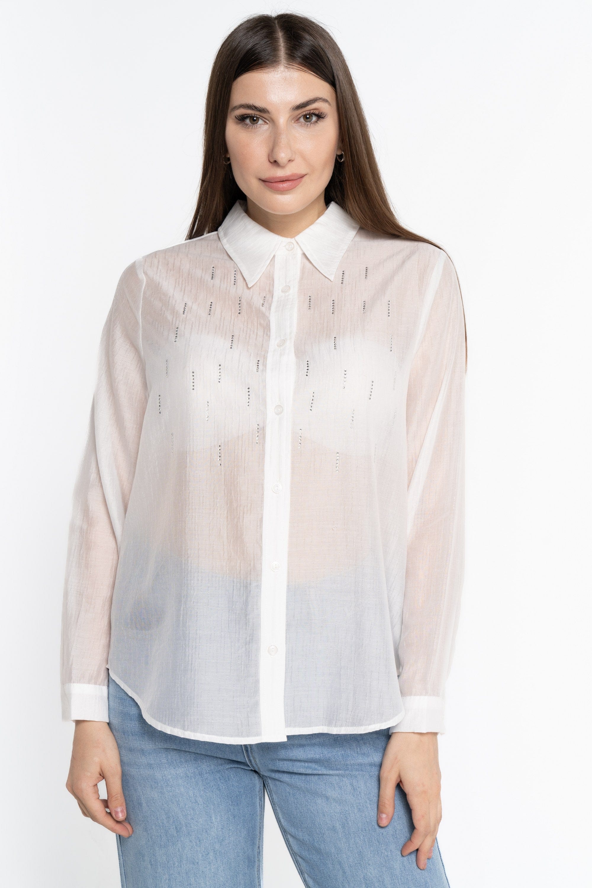 نتشي قميص بأكمام طويلة مزين بستراس بأزرار أمامية نسائي