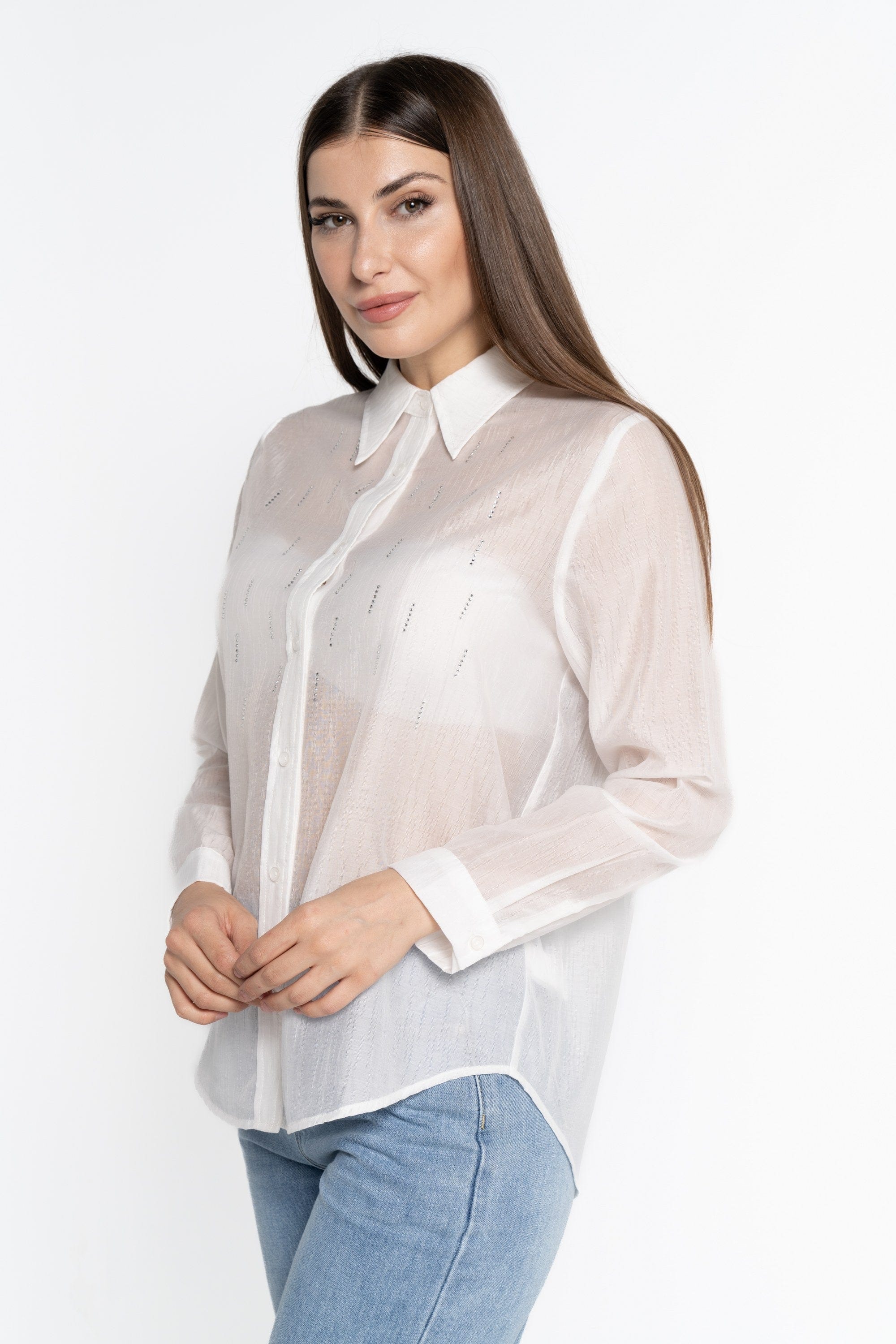 نتشي قميص بأكمام طويلة مزين بستراس بأزرار أمامية نسائي