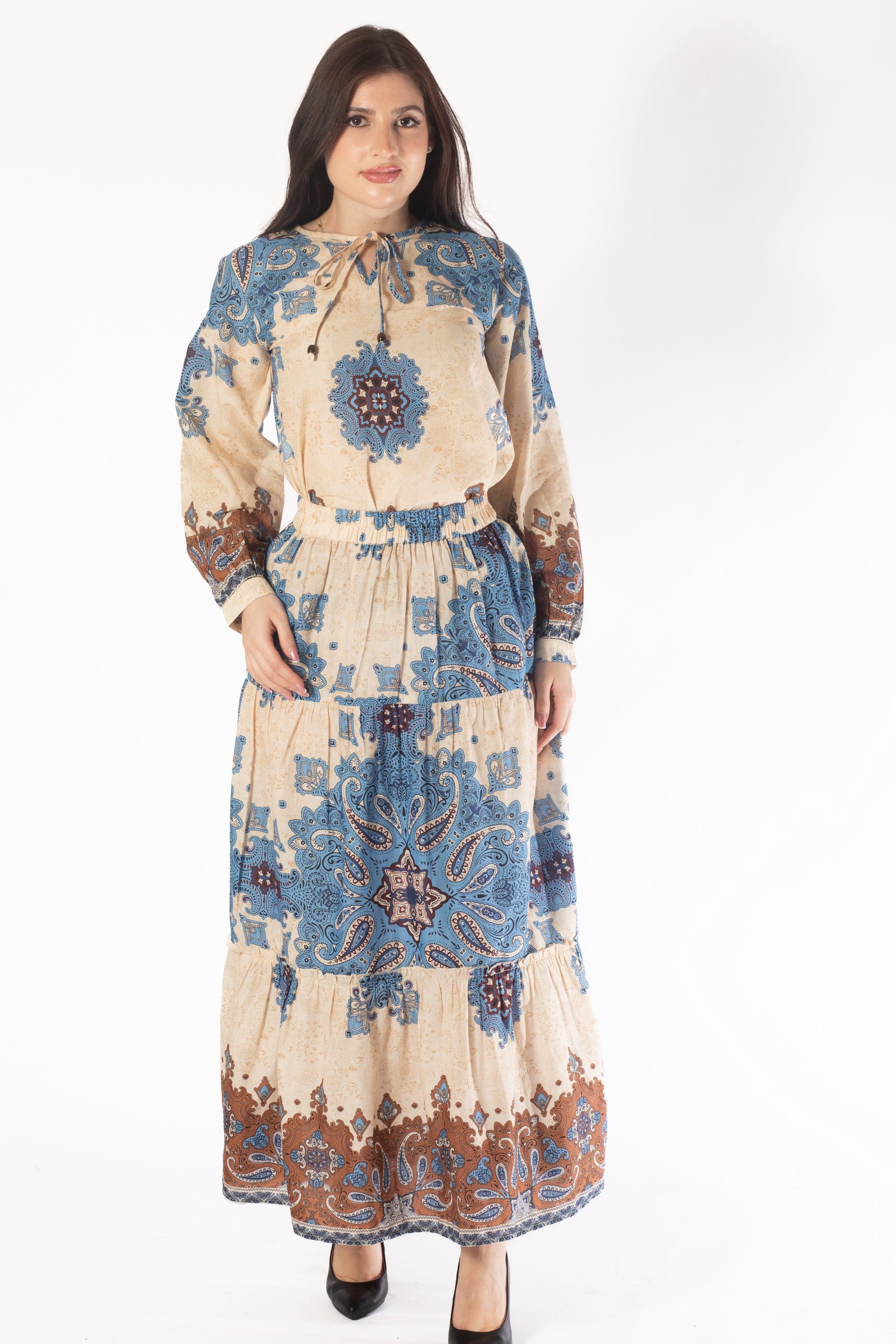 يولا بلوزة طويلة منقوش كم طويل بف نسائي