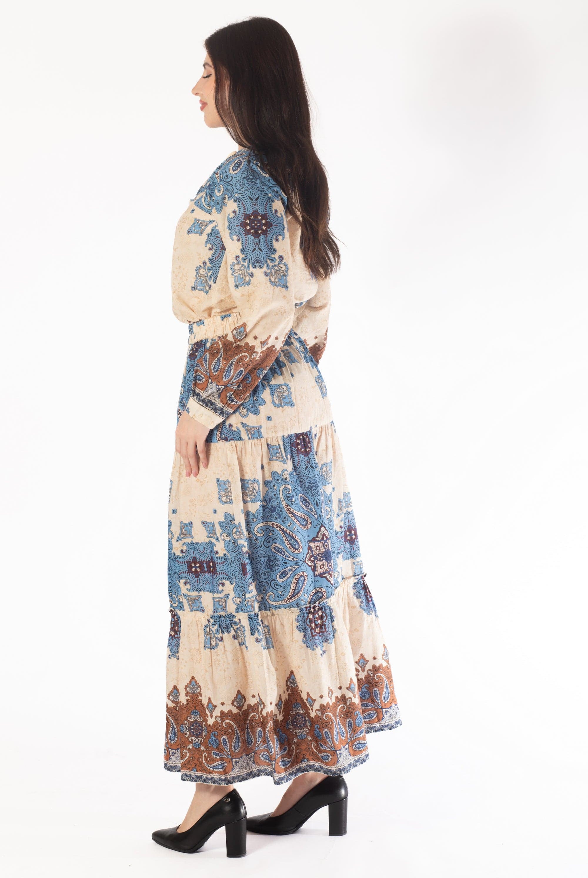 يولا بلوزة طويلة منقوش كم طويل بف نسائي