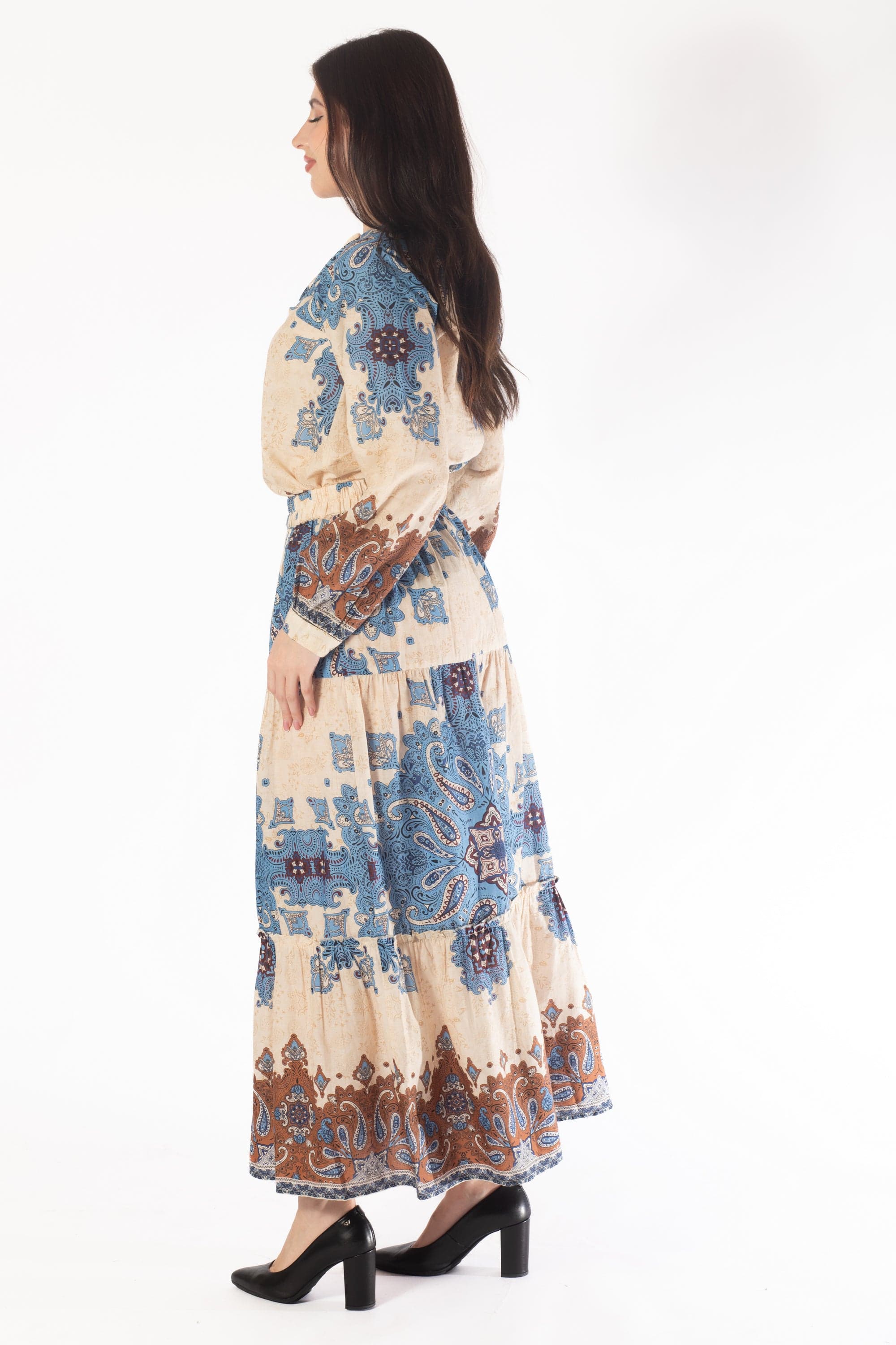 يولا بلوزة طويلة منقوش كم طويل بف نسائي