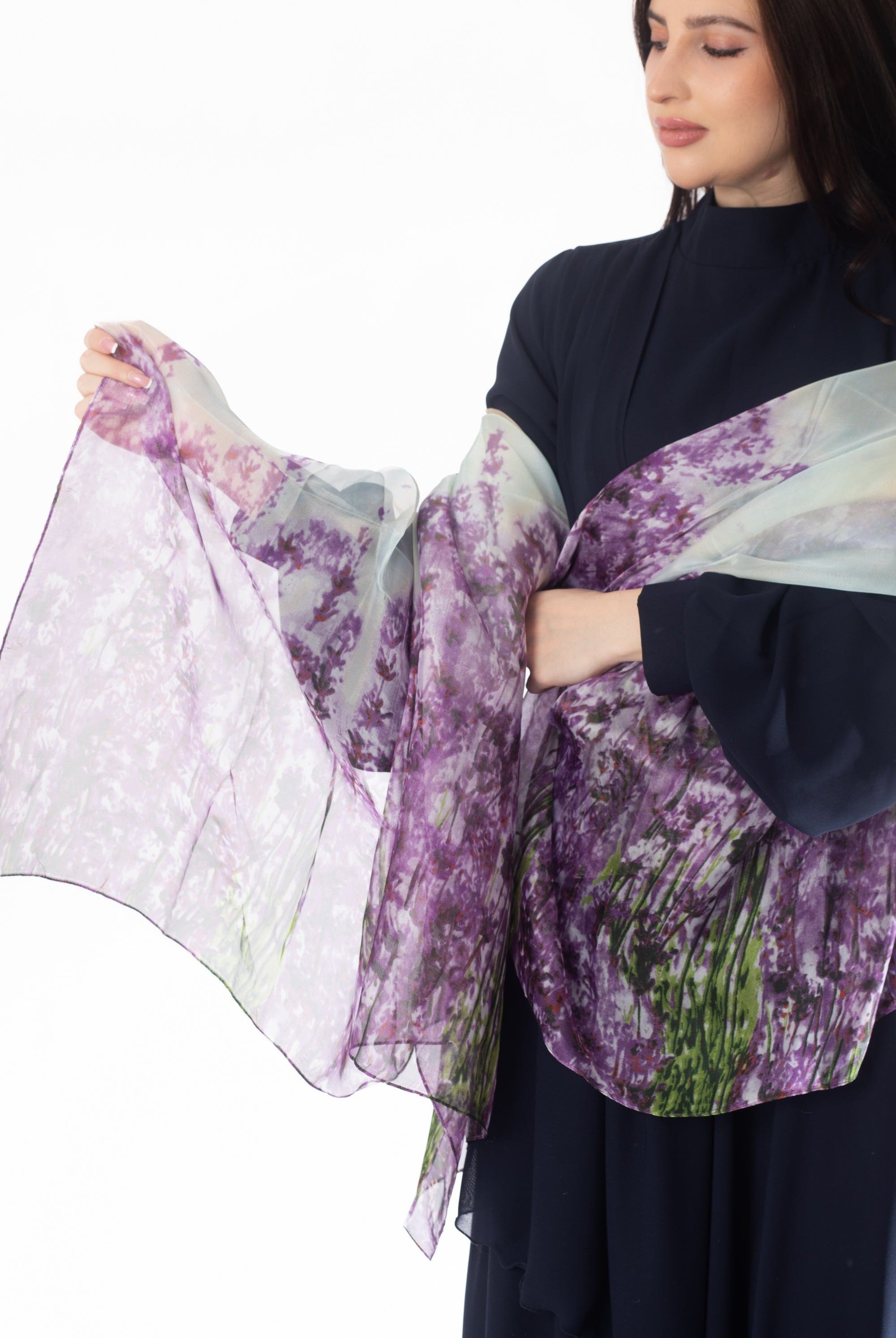 وشاح نسائي مزين بالورود طويل شيفون نسائي