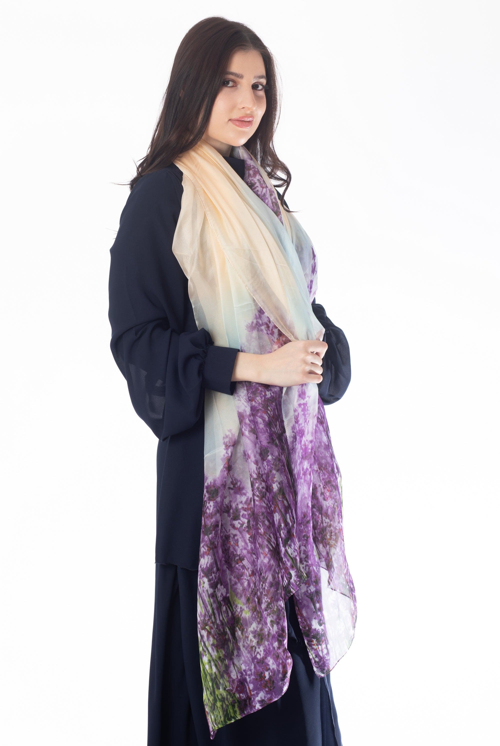 وشاح نسائي مزين بالورود طويل شيفون نسائي