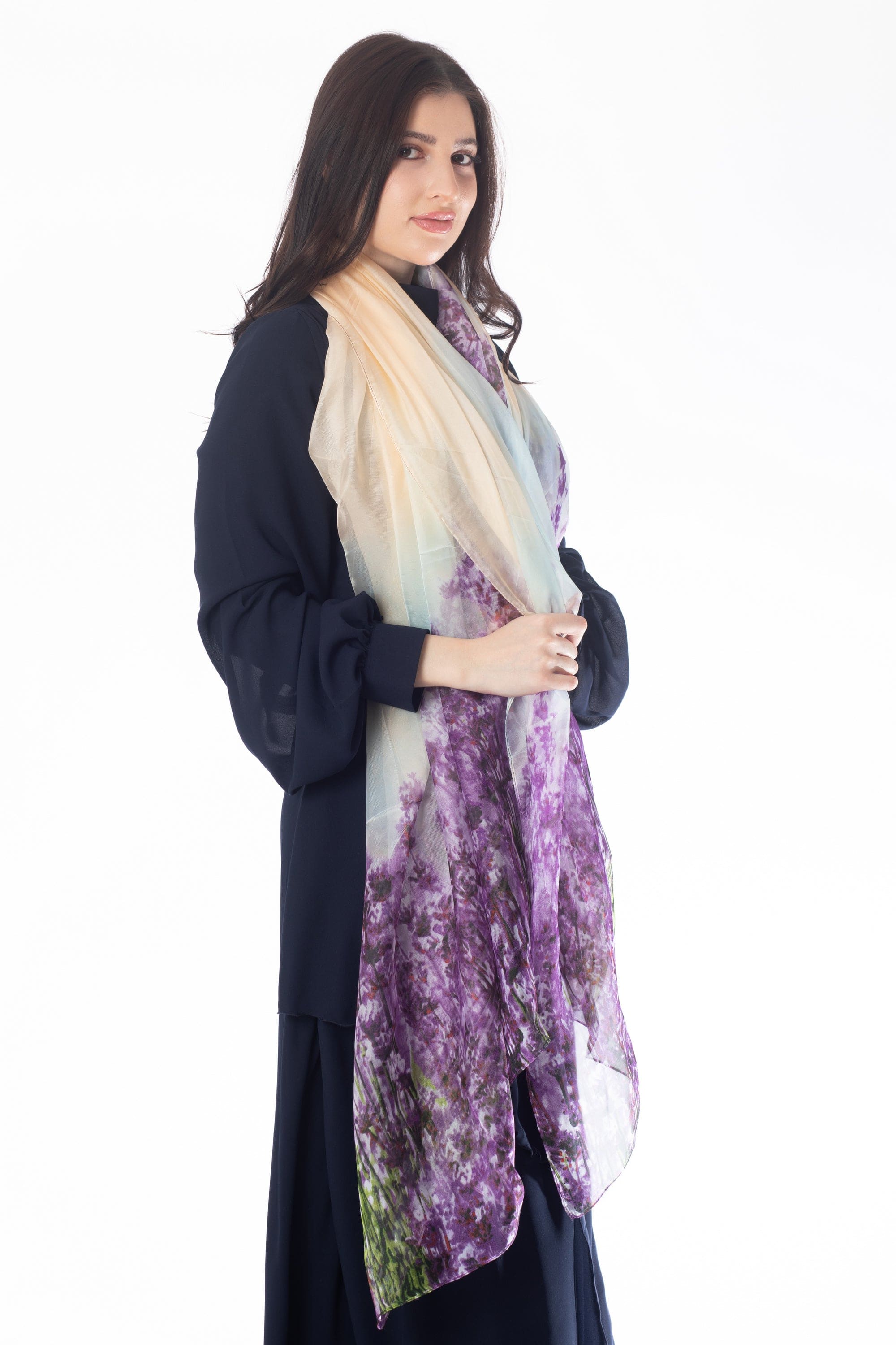 وشاح نسائي مزين بالورود طويل شيفون نسائي