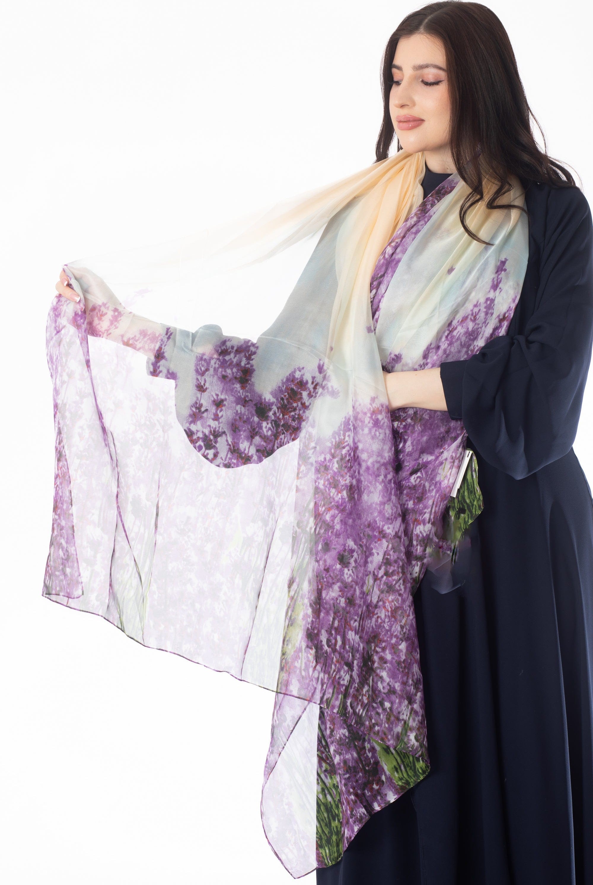 وشاح نسائي مزين بالورود طويل شيفون نسائي