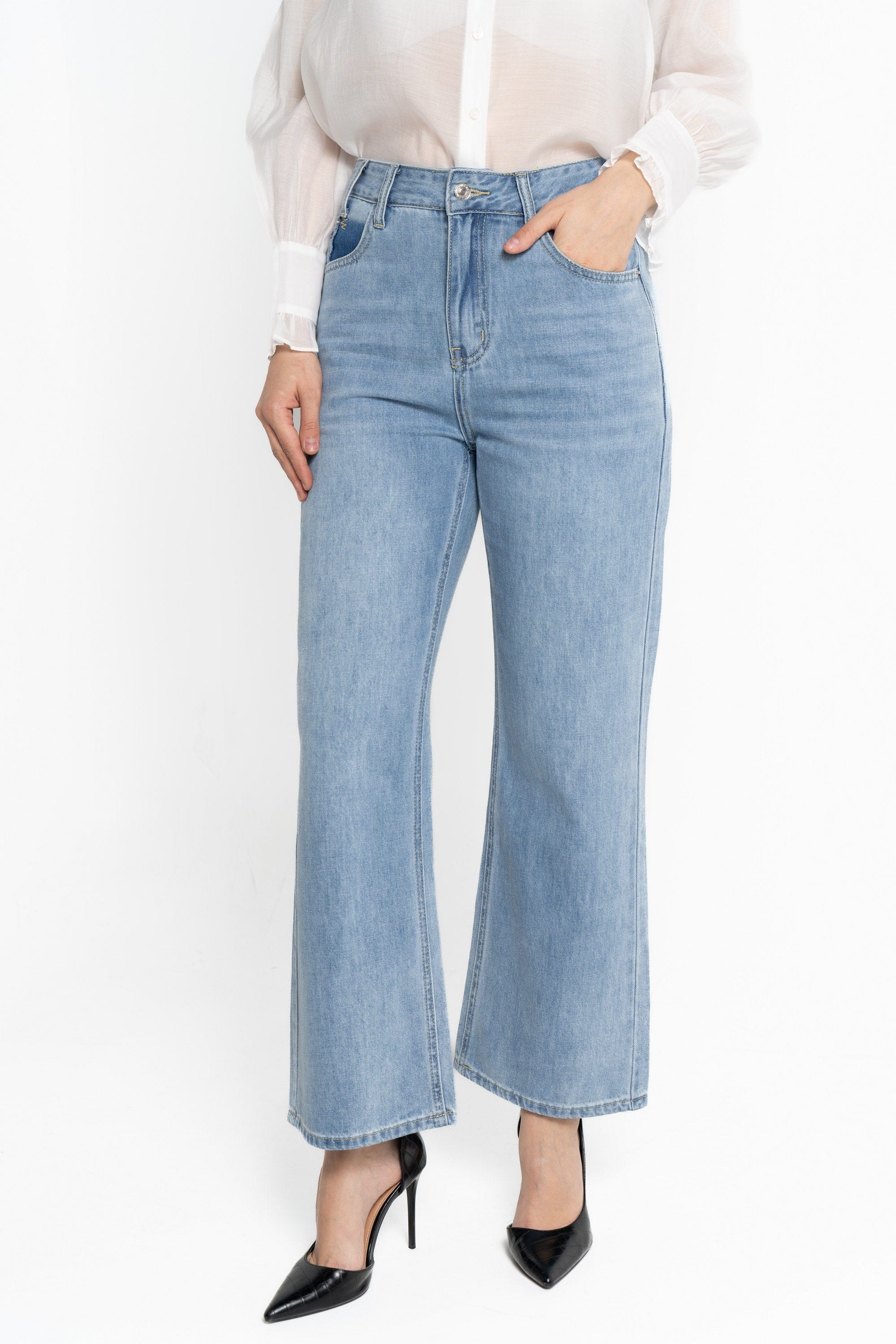 نتشي بنطلون طويل جينز سادة نسائي أزرق فاتح