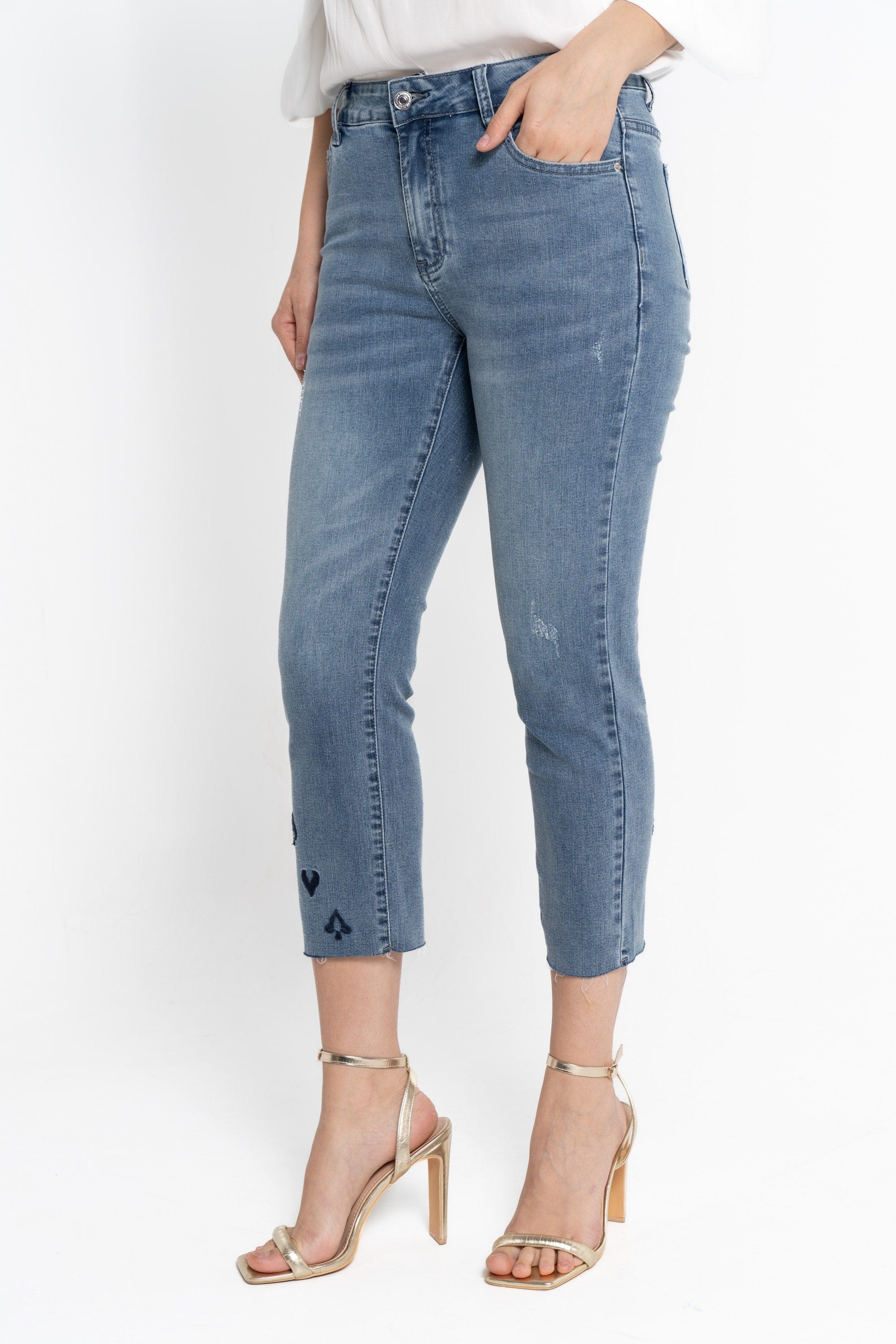 نتشي بنطلون 3/4 جينز خصر مرتفع نسائي أزرق