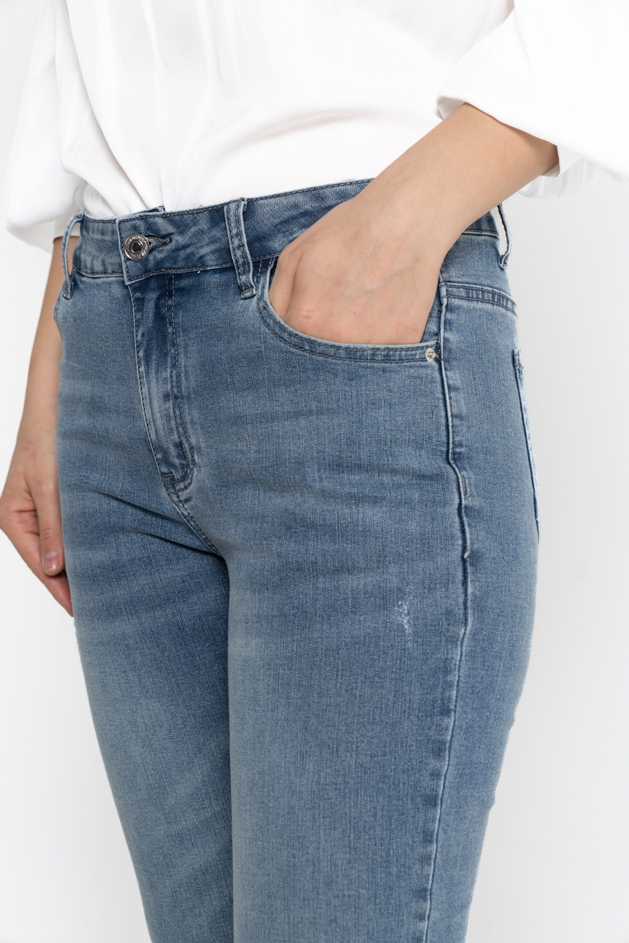 نتشي بنطلون 3/4 جينز خصر مرتفع نسائي أزرق