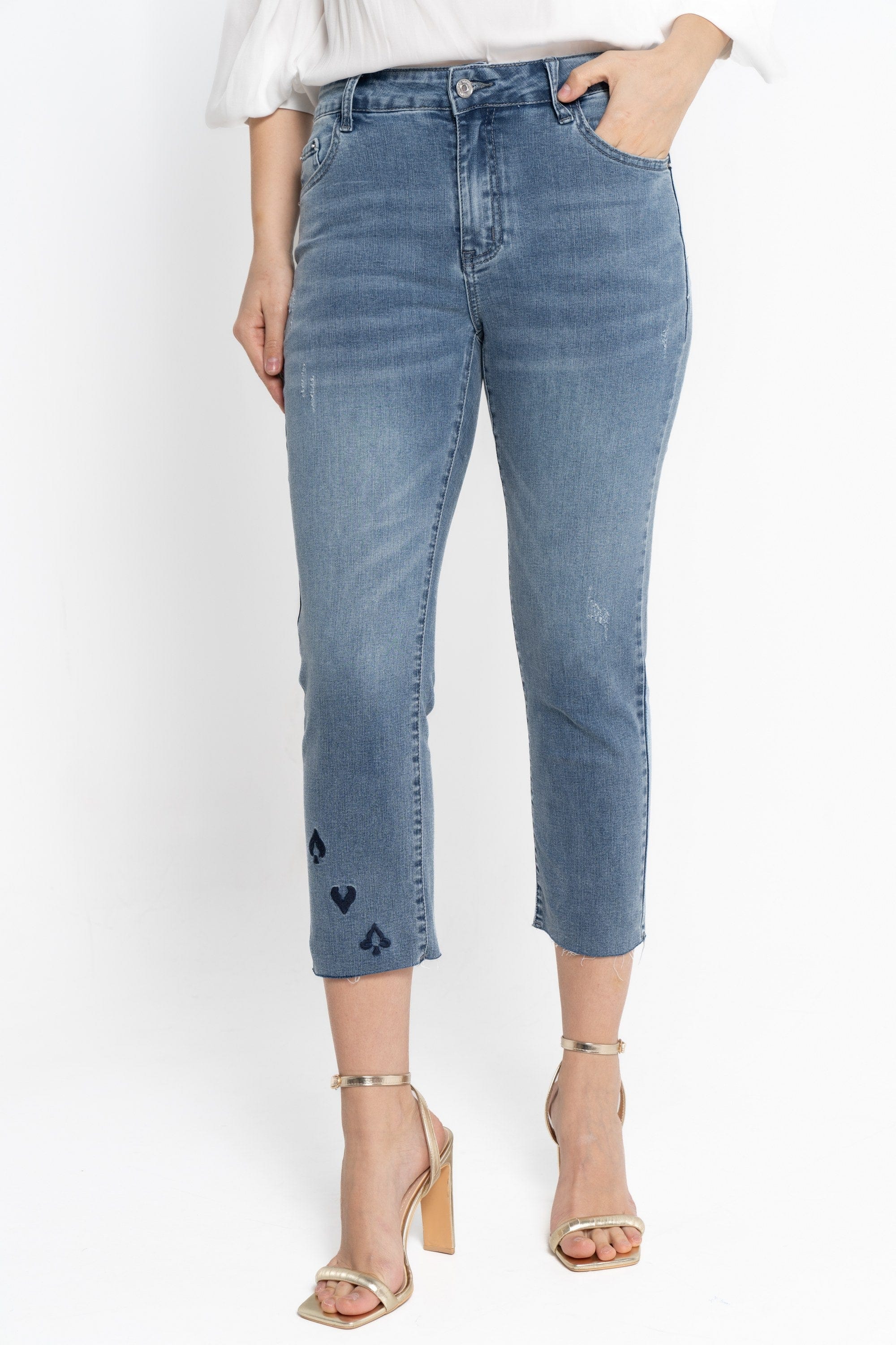 نتشي بنطلون 3/4 جينز خصر مرتفع نسائي أزرق