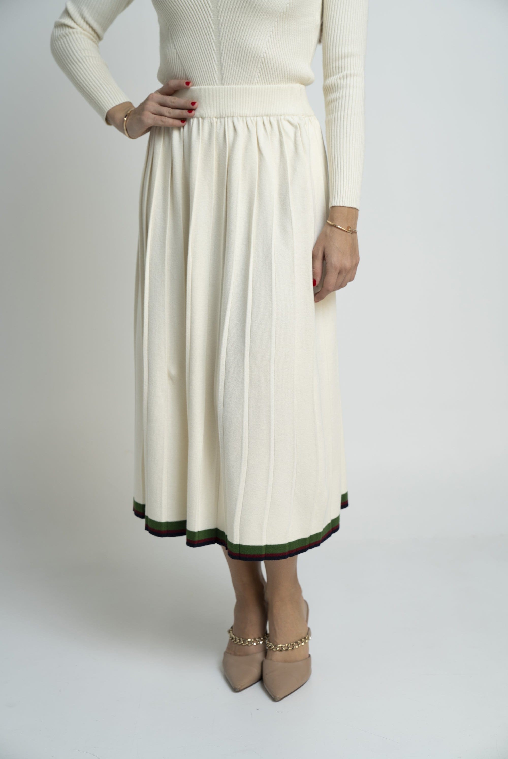 نتشي تنورة ميدي مضلعة سادة بخط سفلي واسعة نسائي