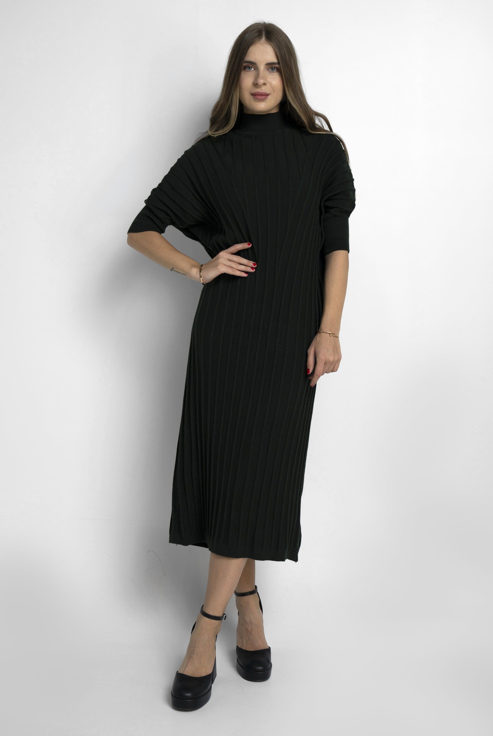 نتشي فستان مضلع سادة 3/4 كم ميدي نسائي