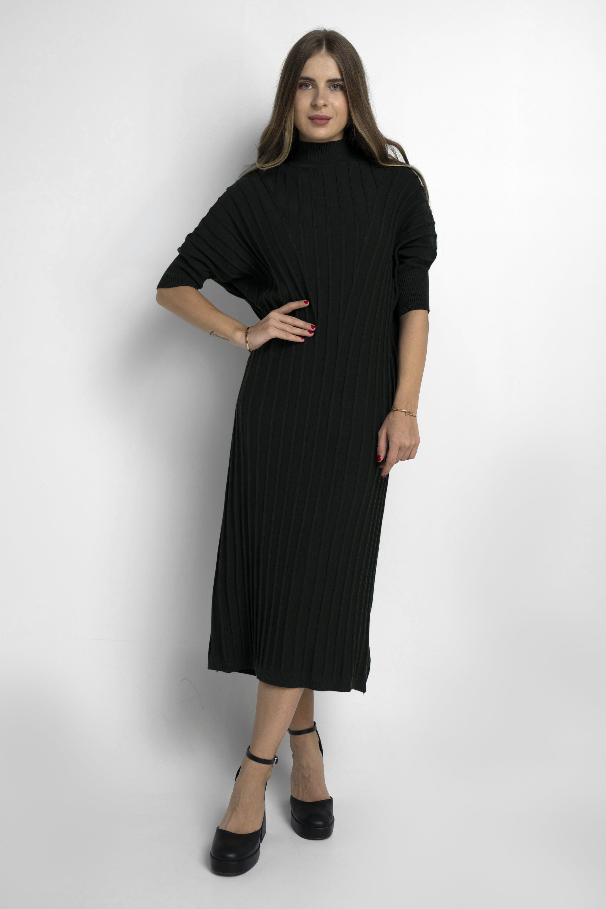 نتشي فستان مضلع سادة 3/4 كم ميدي نسائي