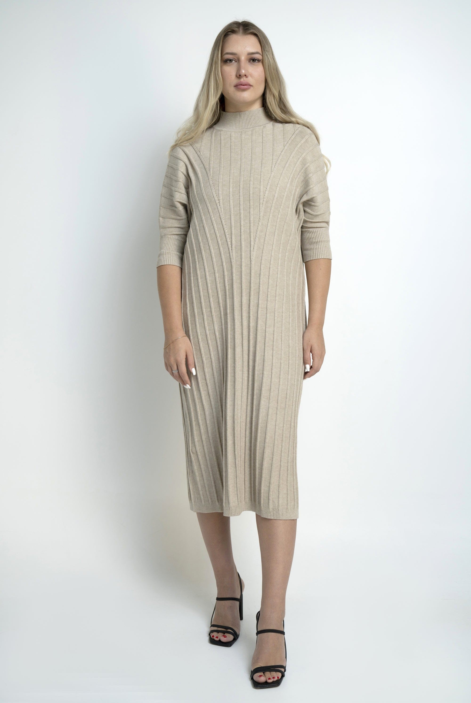 نتشي فستان مضلع سادة 3/4 كم ميدي نسائي