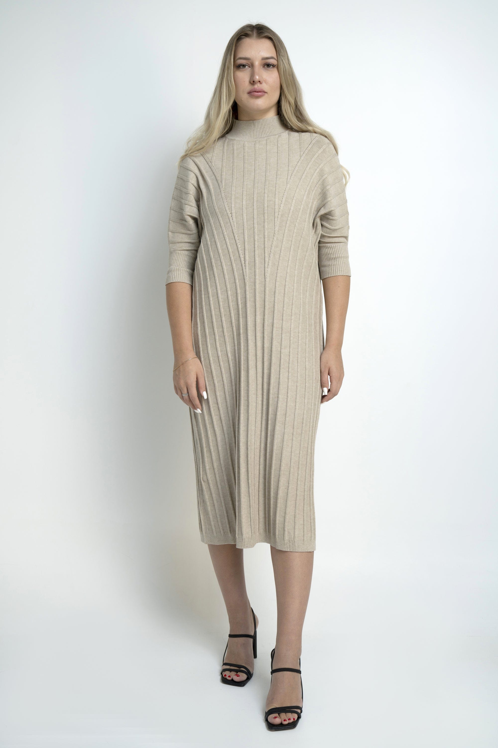 نتشي فستان مضلع سادة 3/4 كم ميدي نسائي