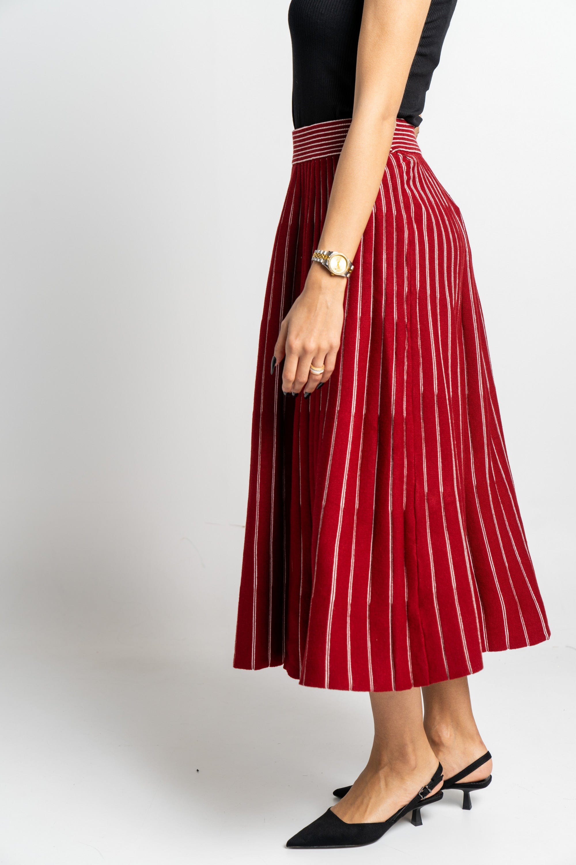 نتشي تنورة ميدي مخصرة منفوشة مخططة بالطول نسائية