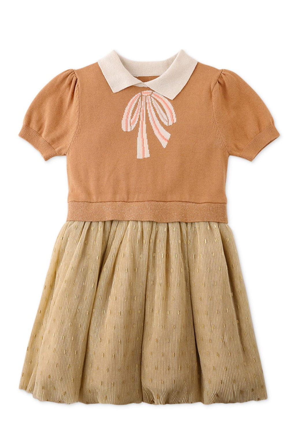 جينجرسنابس فستان بناتي نص كم برسمة فيونكة أمامية بني