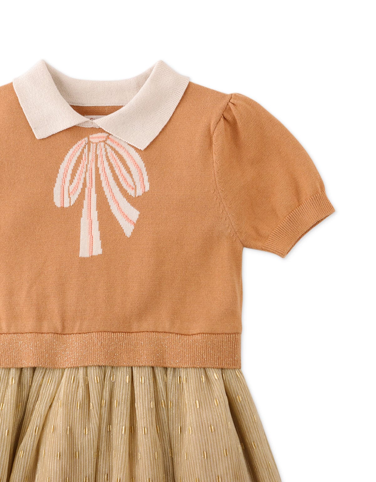 جينجرسنابس فستان بناتي نص كم برسمة فيونكة أمامية بني