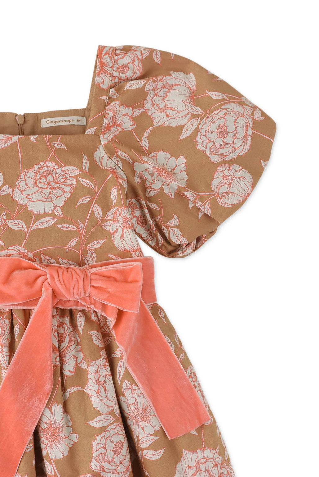 جينجرسنابس فستان بناتي منسوج بنقشة ورود ورباط على الخصر بني