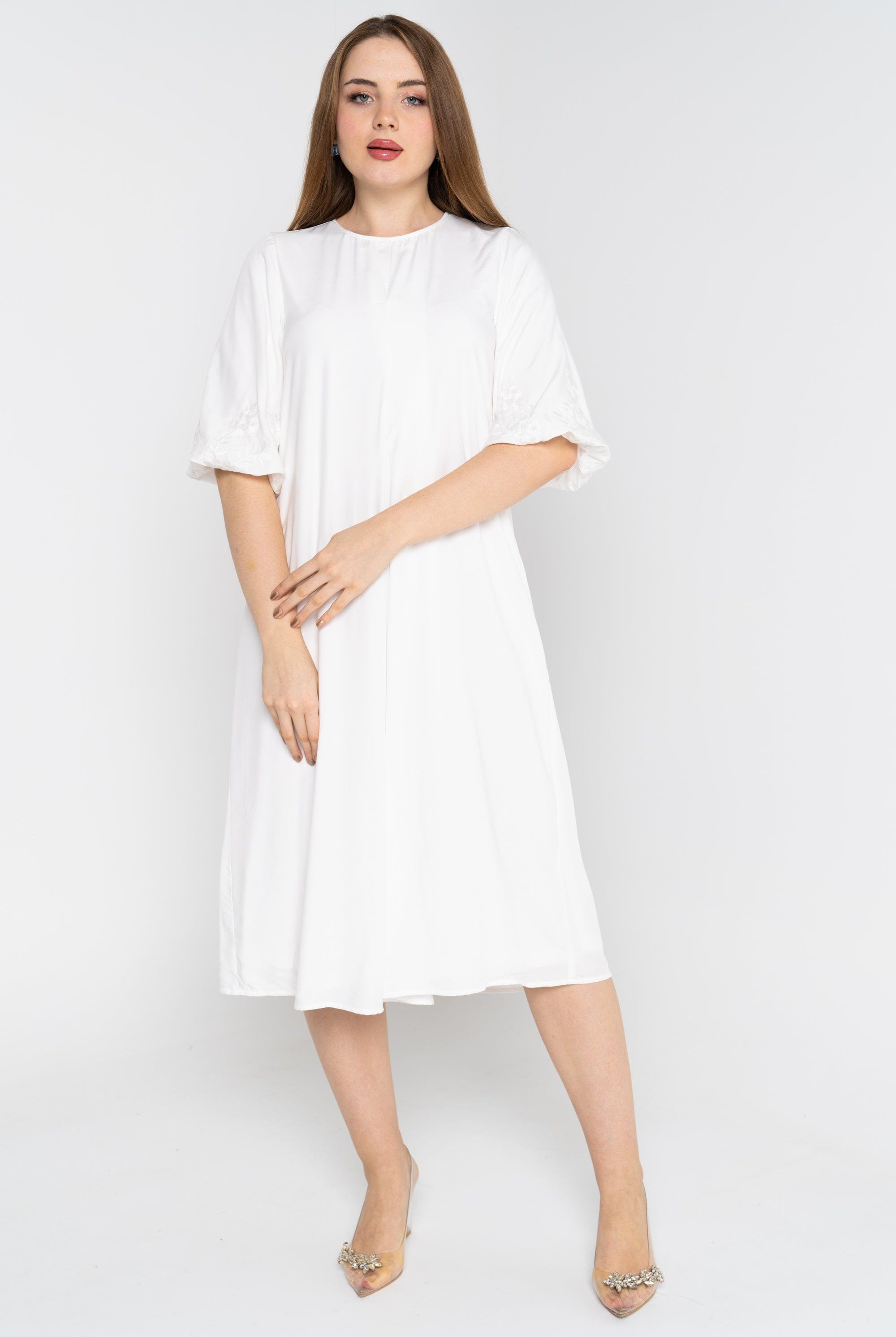 نتشي فستان ميدي 3/4 كم سادة واسع