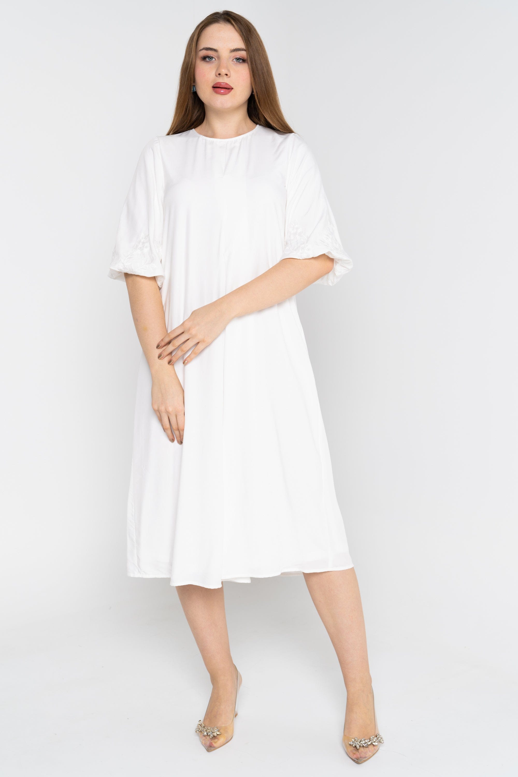 نتشي فستان ميدي 3/4 كم سادة واسع