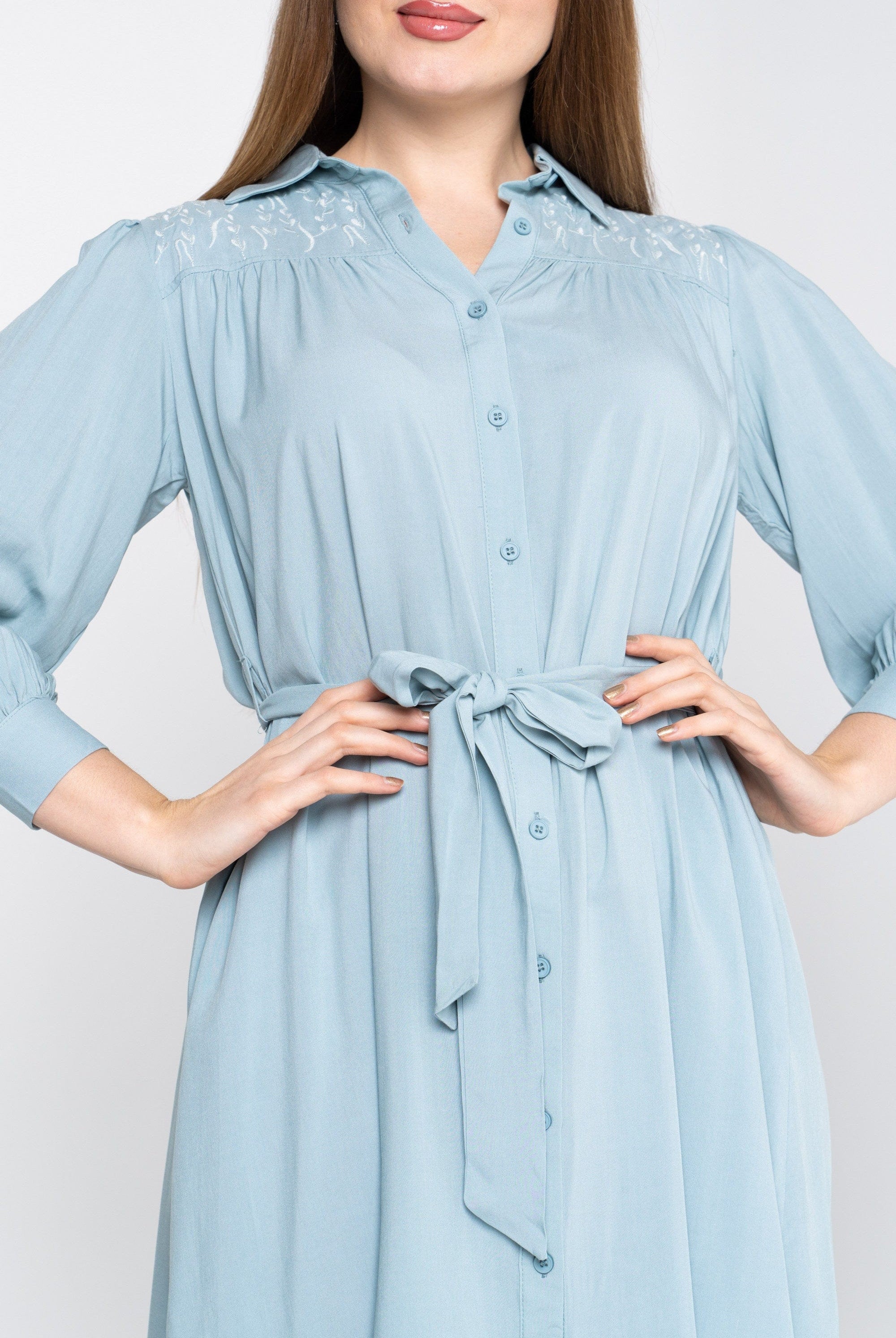 نتشي فستان تصميم قميص نسائي برباط خصر بأكمام طويلة