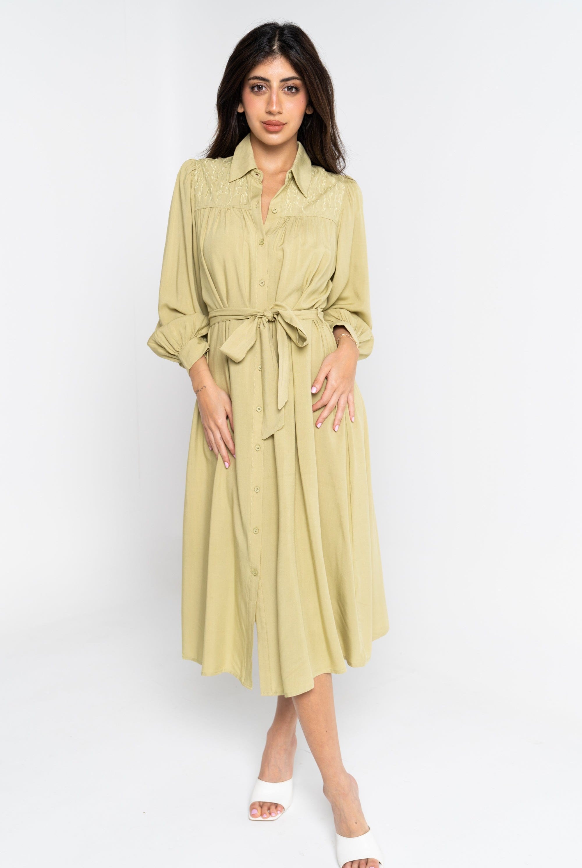 نتشي فستان تصميم قميص نسائي برباط خصر بأكمام طويلة