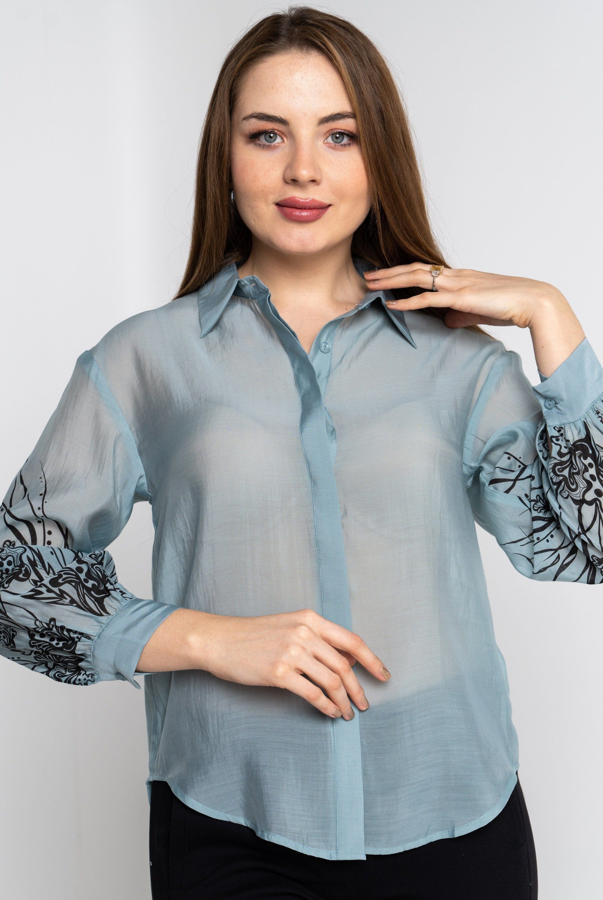 نتشي قميص نسائي شفاف بأكمام منقوشة بأكمام طويلة