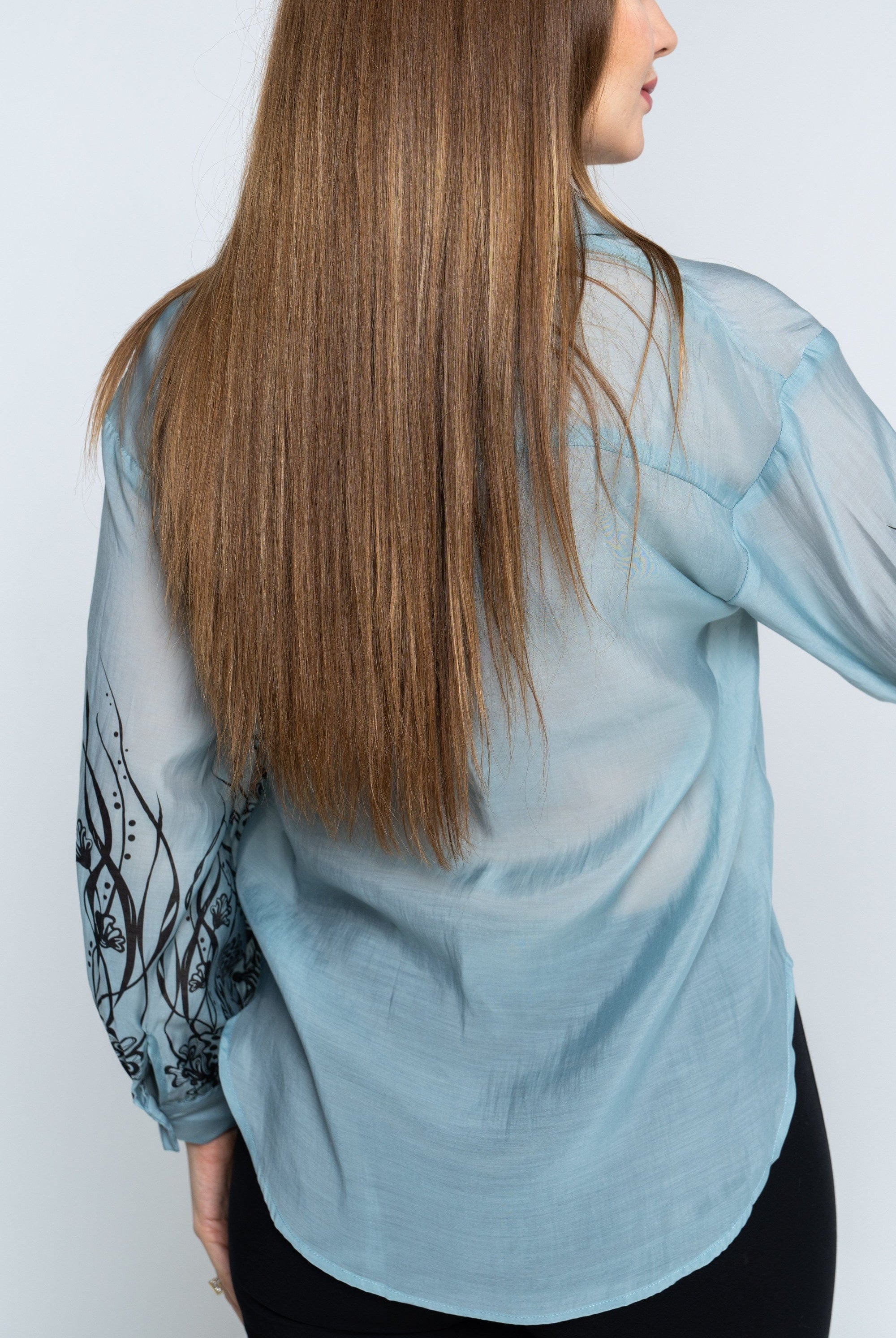 نتشي قميص نسائي شفاف بأكمام منقوشة بأكمام طويلة