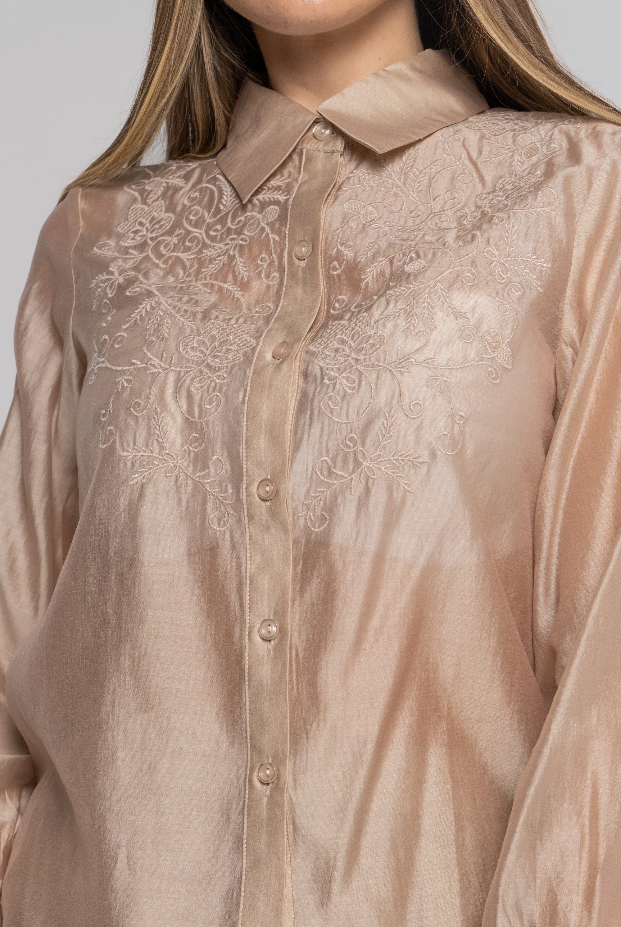 نتشي قميص نسائي شفاف بتطريز على الصدر بأكمام طويلة