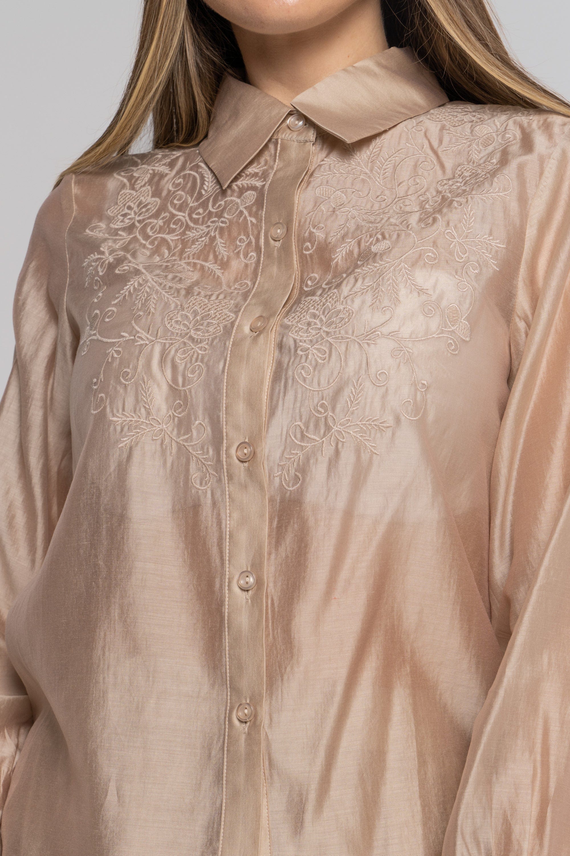 نتشي قميص نسائي شفاف بتطريز على الصدر بأكمام طويلة