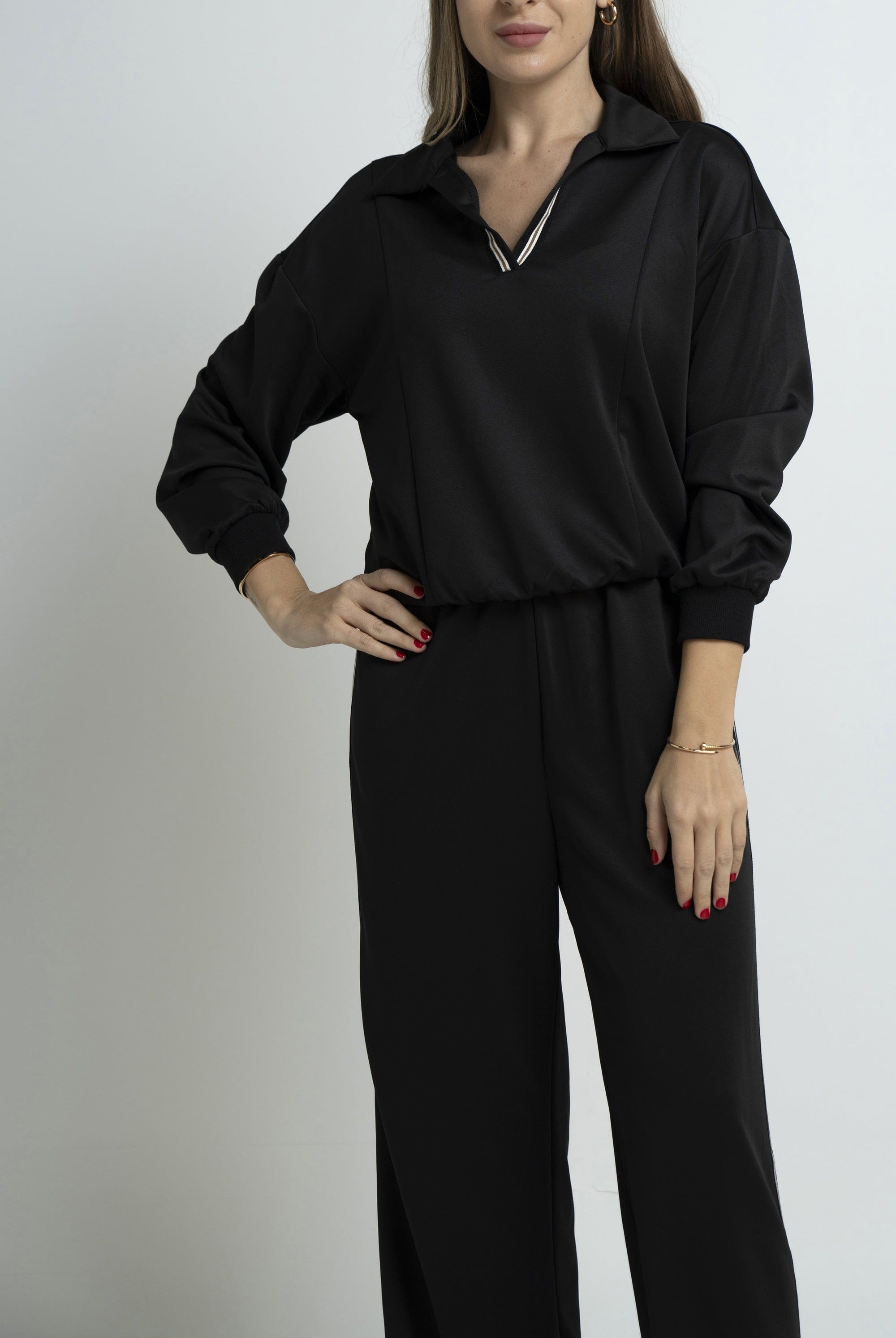 نتشي بلوفر سادة بسبعة مخططة كم طويل نسائي