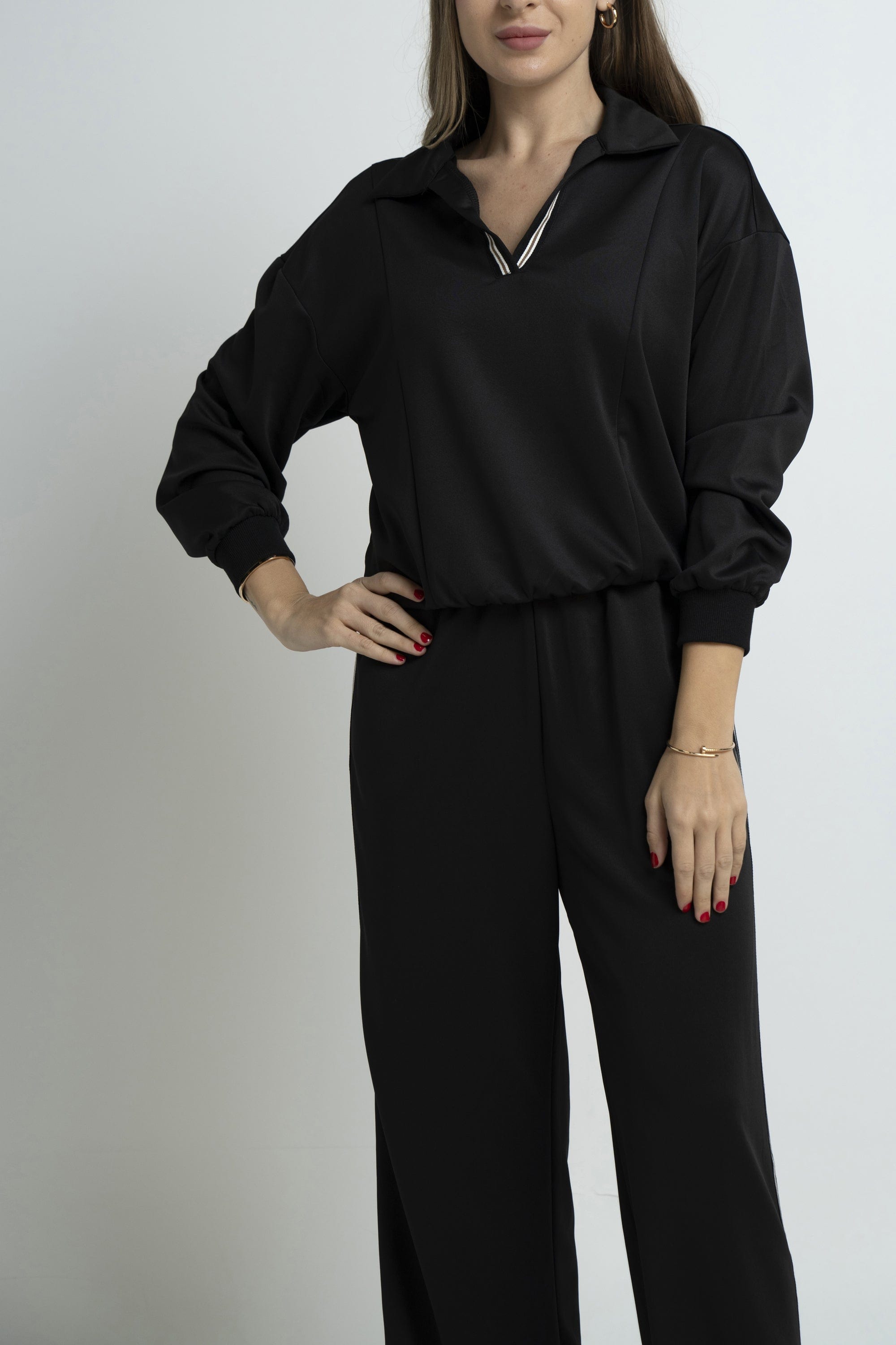 نتشي بلوفر سادة بسبعة مخططة كم طويل نسائي