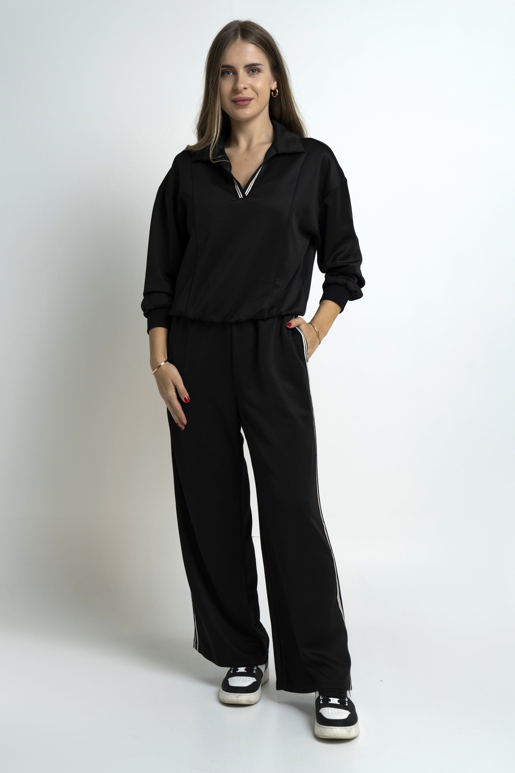 نتشي بلوفر سادة بسبعة مخططة كم طويل نسائي