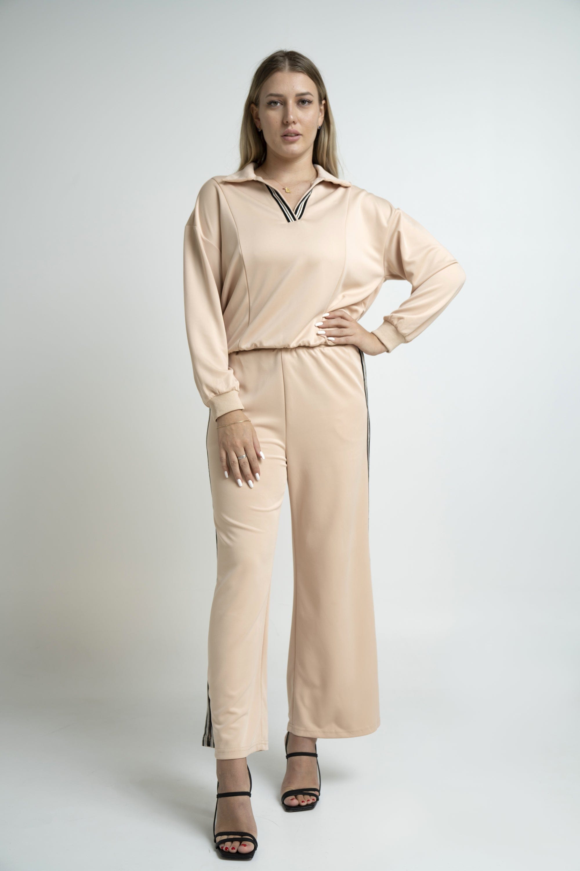 نتشي بلوفر سادة بسبعة مخططة كم طويل نسائي