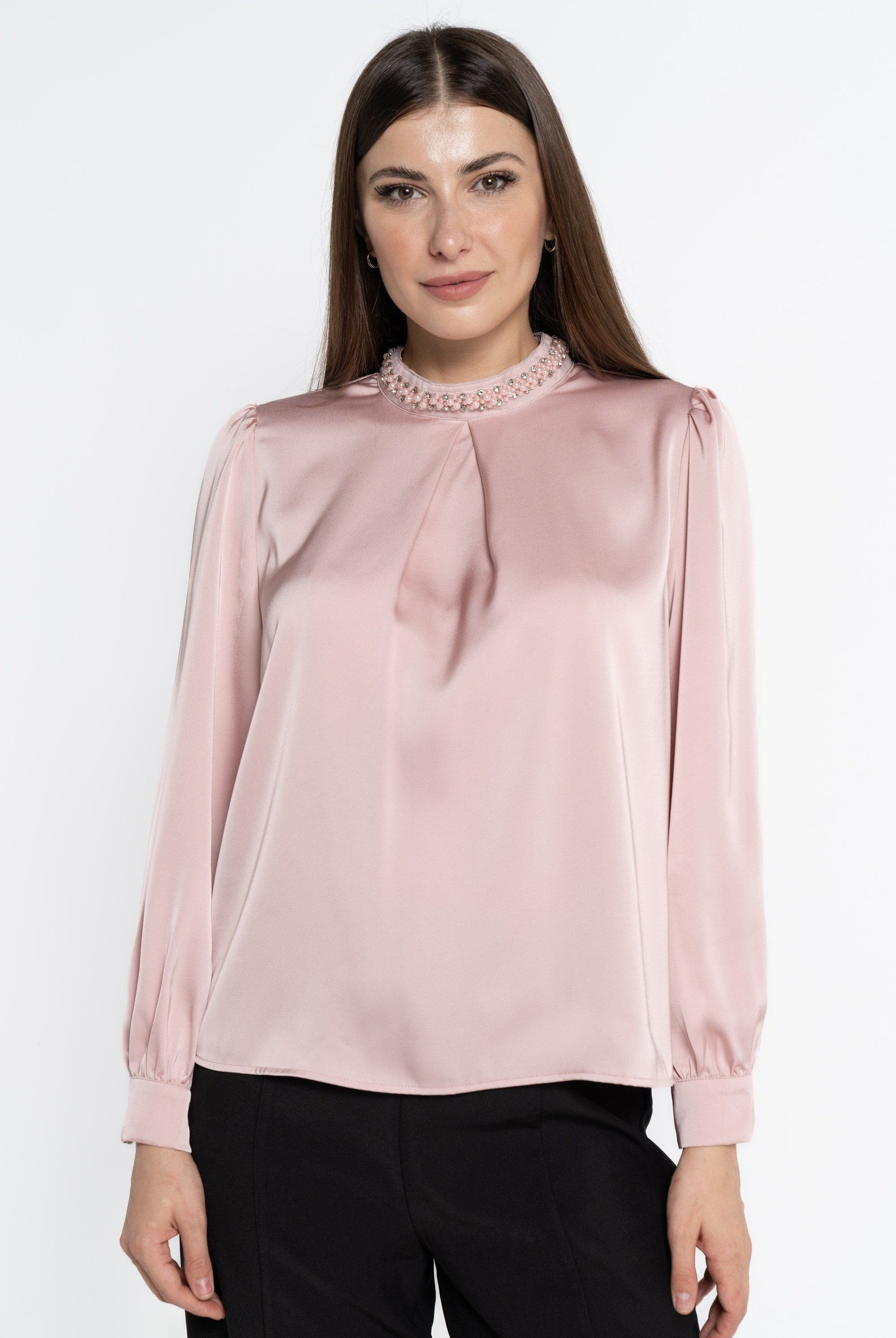 نتشي بلوزة بأكمام طويلة سادة بياقة مطرزة باللؤلؤ نسائي