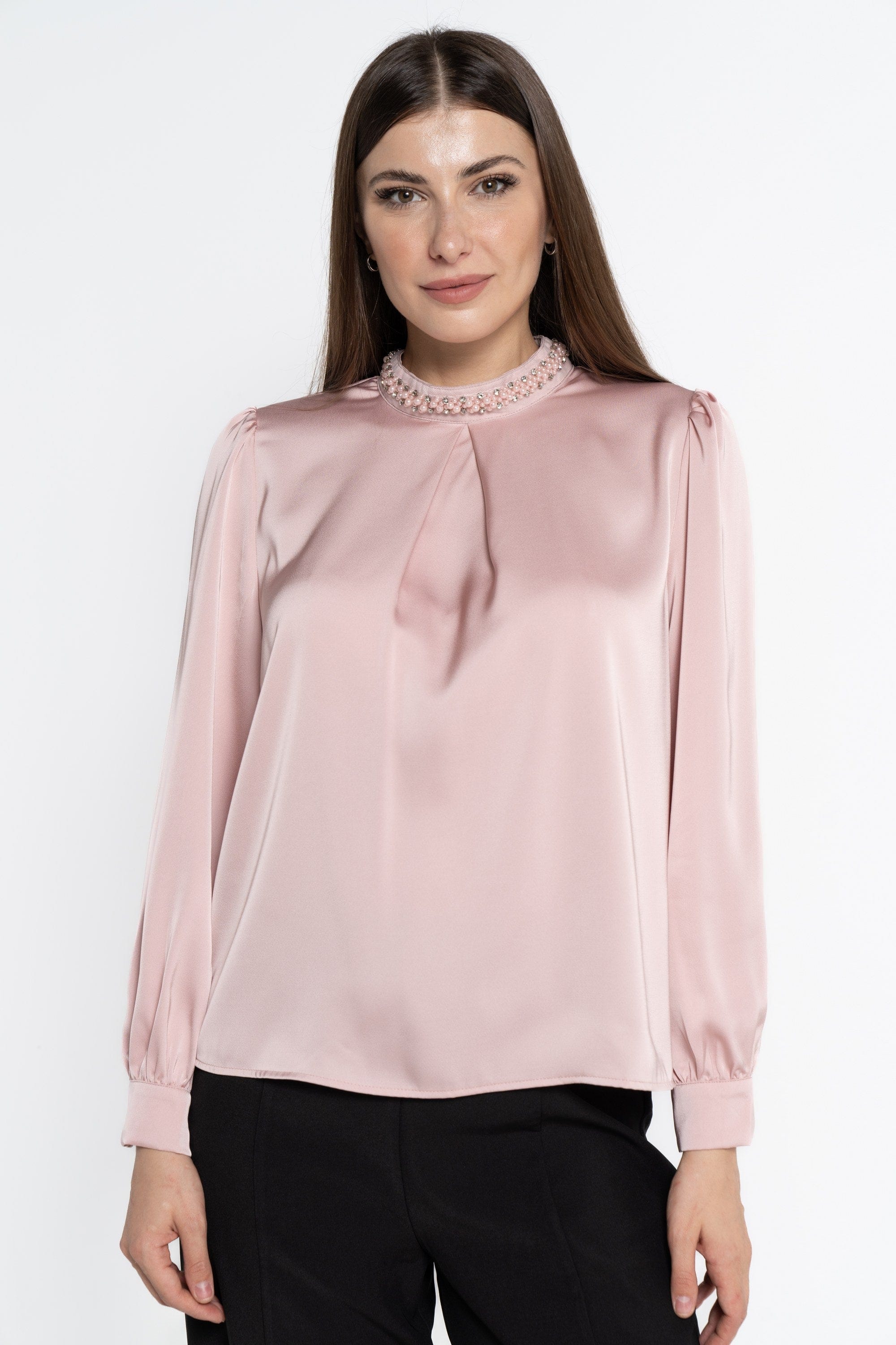 نتشي بلوزة بأكمام طويلة سادة بياقة مطرزة باللؤلؤ نسائي