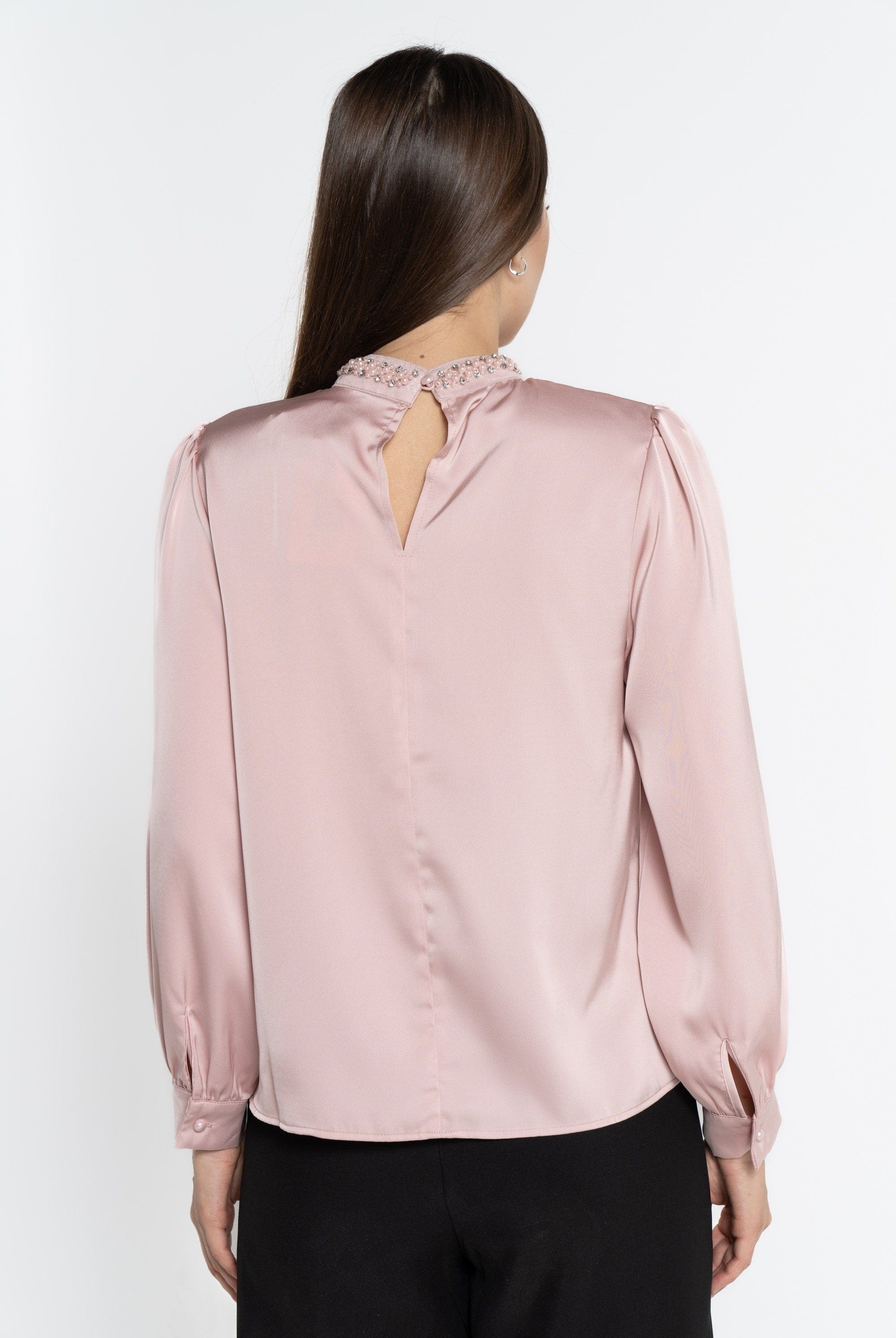 نتشي بلوزة بأكمام طويلة سادة بياقة مطرزة باللؤلؤ نسائي