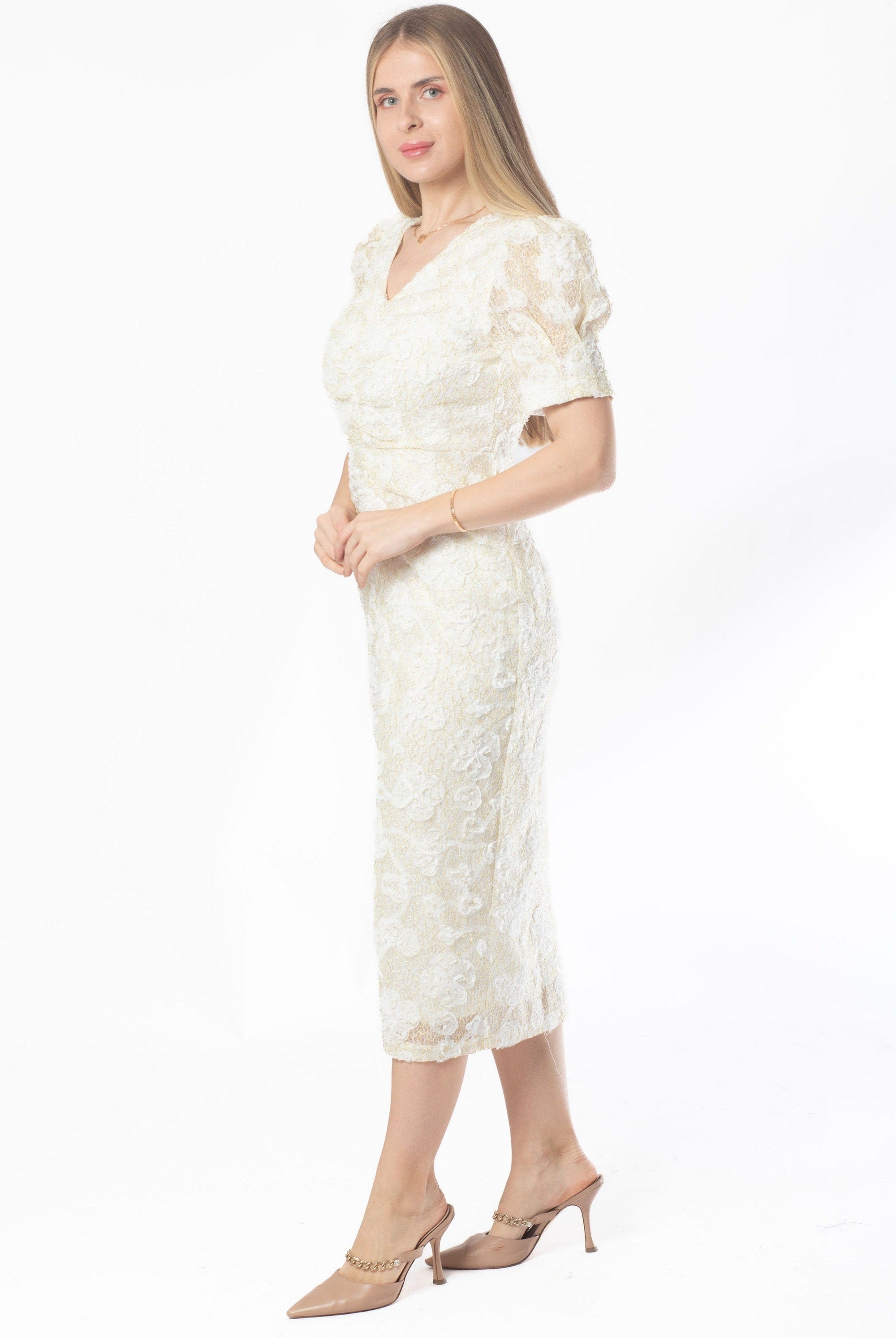 نتشي فستان ميدي دانتيل نص كم ضيق نسائي