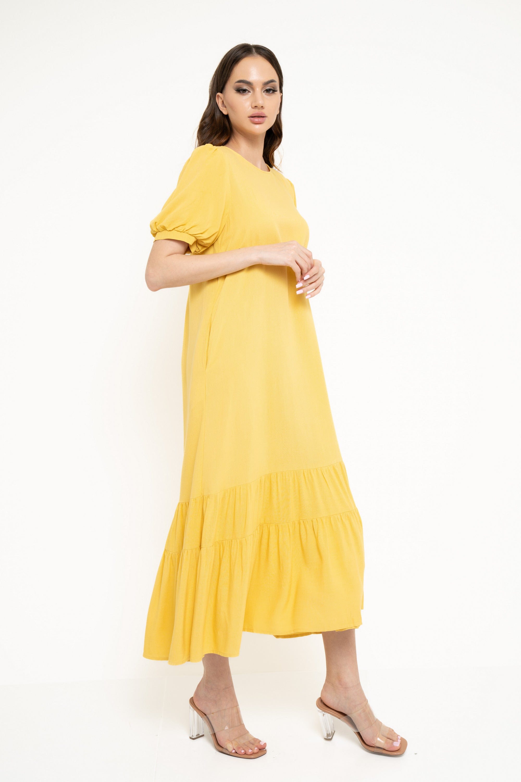 نتشي فستان ميدي سادة بكسرات من أسفل كم قصير نسائي