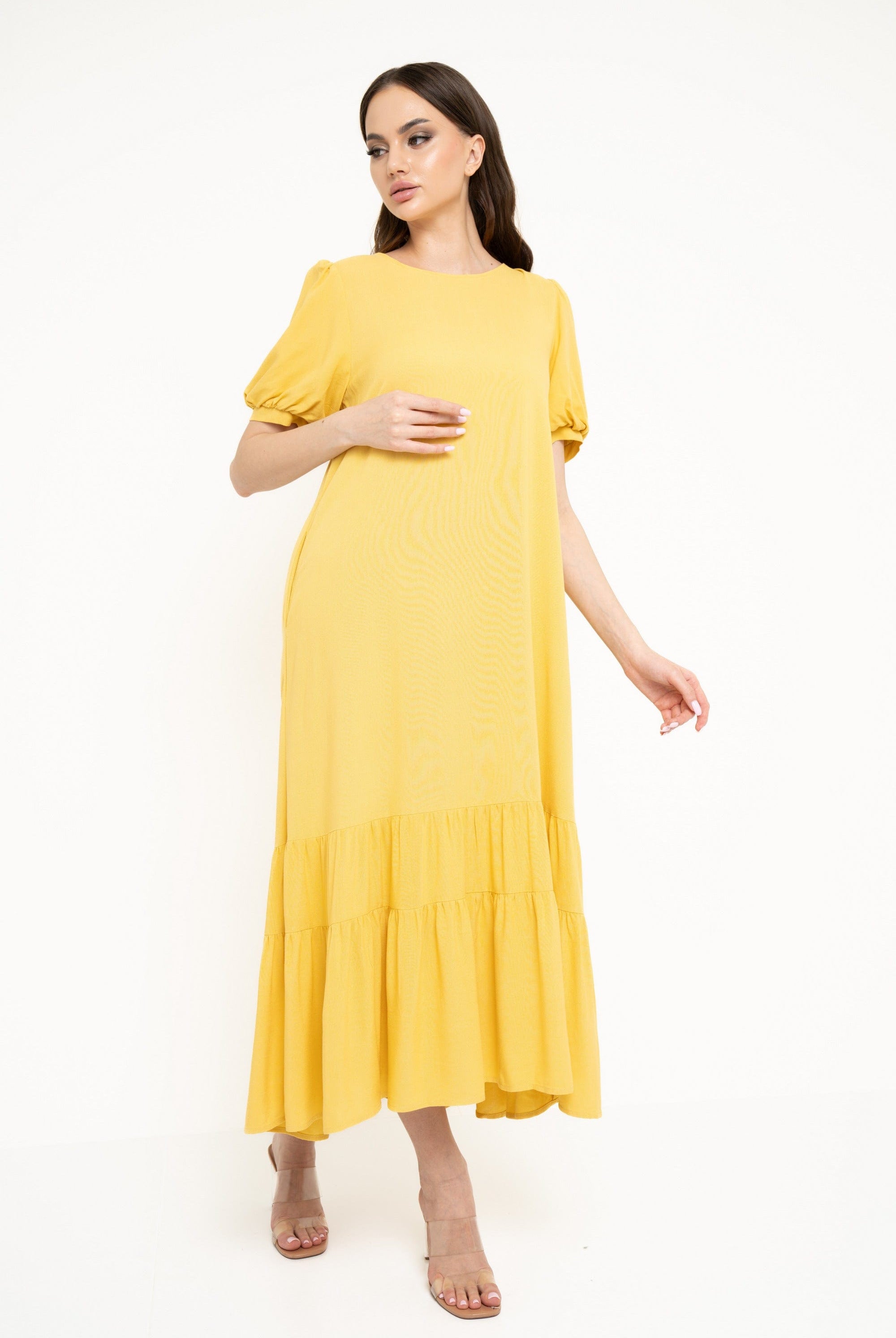 نتشي فستان ميدي سادة بكسرات من أسفل كم قصير نسائي