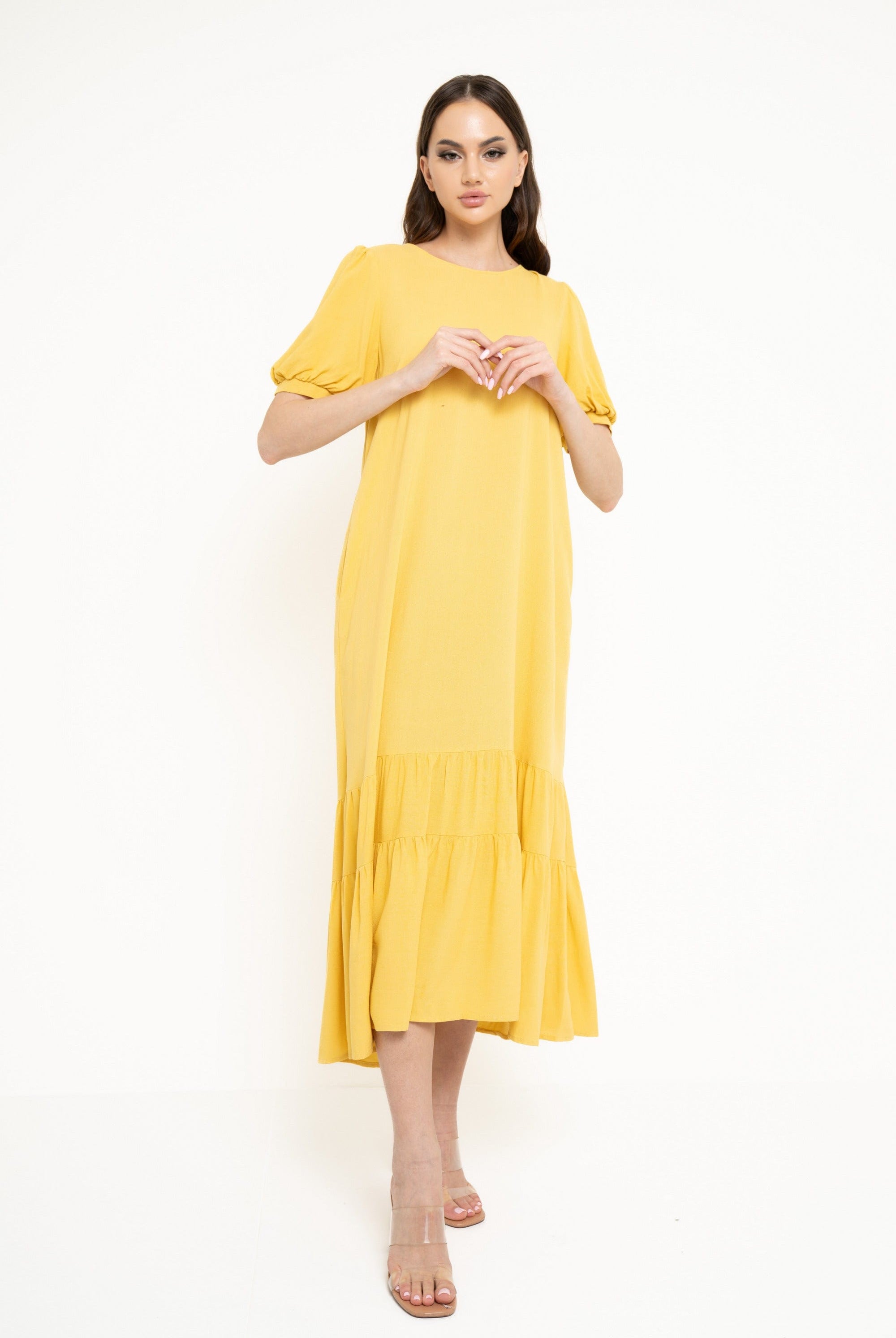 نتشي فستان ميدي سادة بكسرات من أسفل كم قصير نسائي